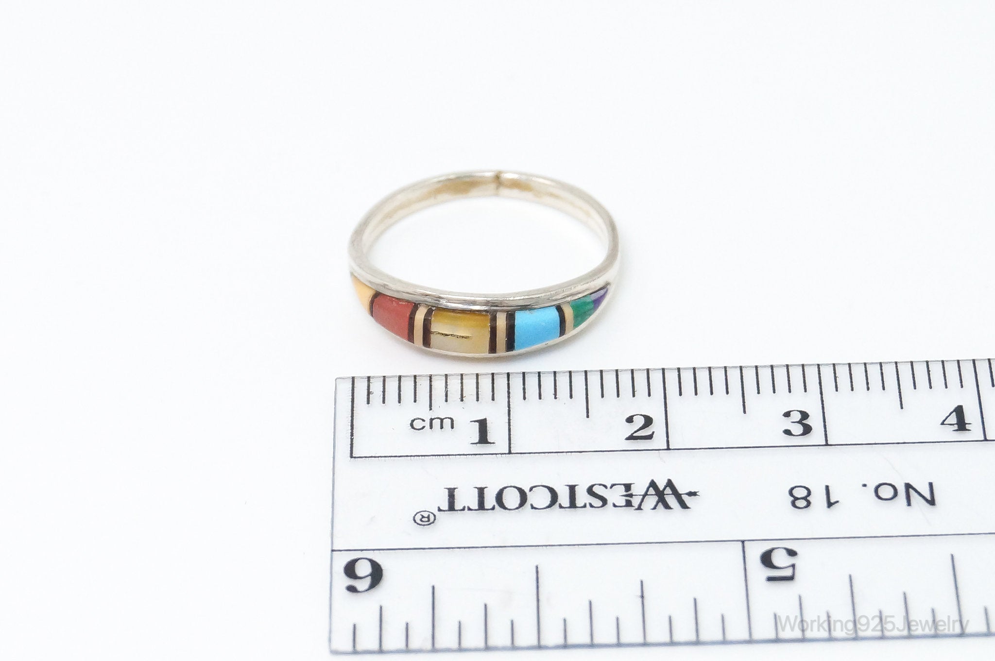 VTG Native American Handmade Multi Gem Inlay Sterling Silver Ring - SZ 5.5