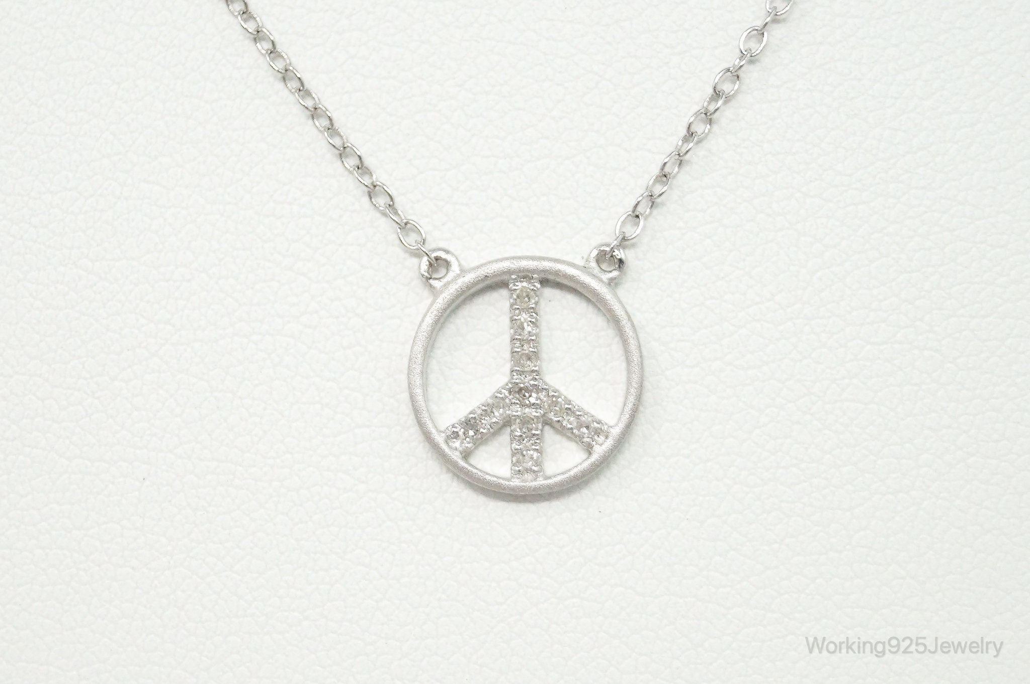 Vintage Cubic Zirconia Peace Sign Sterling Silver Necklace