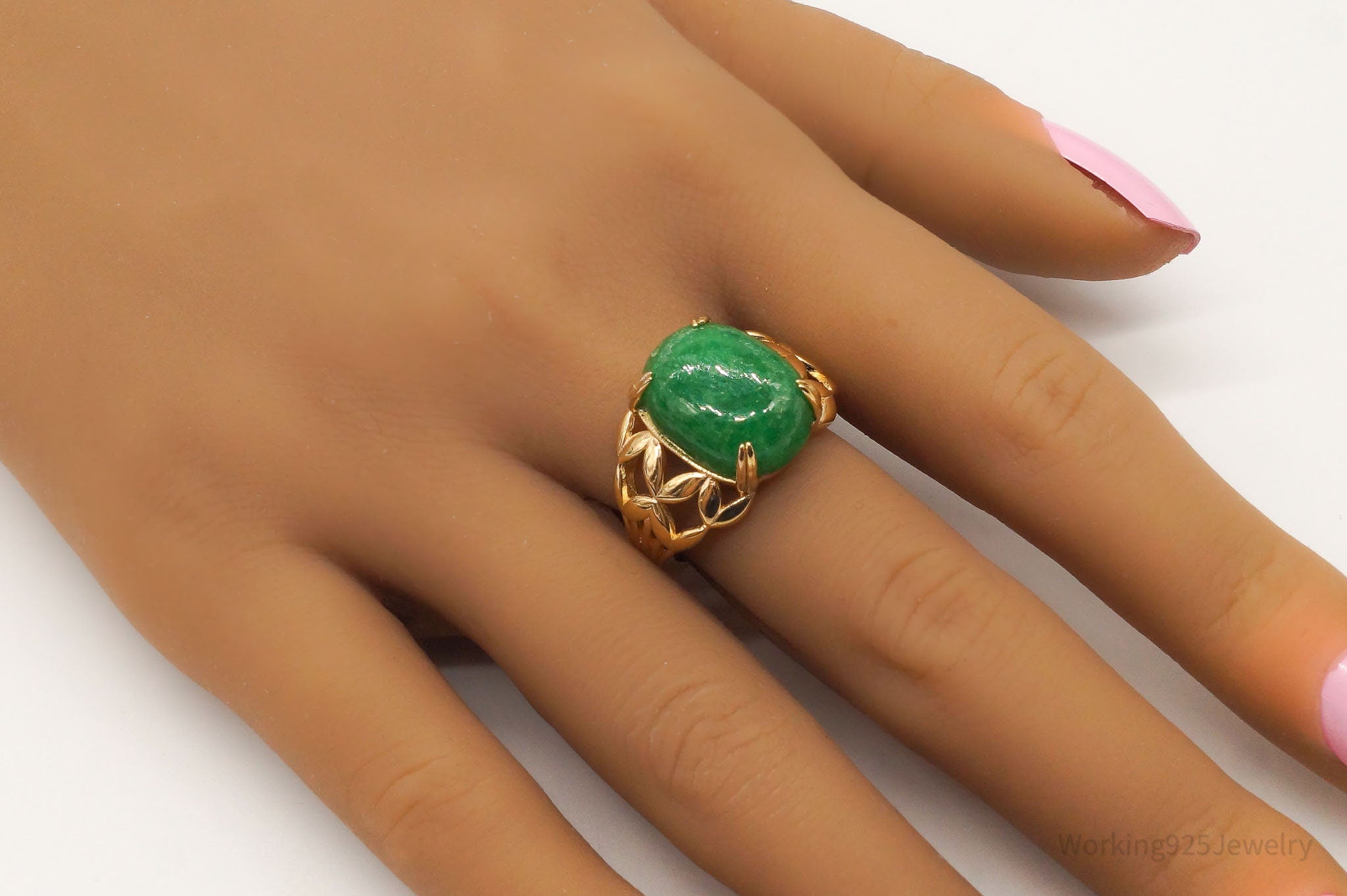 BBJ Green Jadeite 18K Yellow Gold Over Sterling Silver Ring - Size 8.75