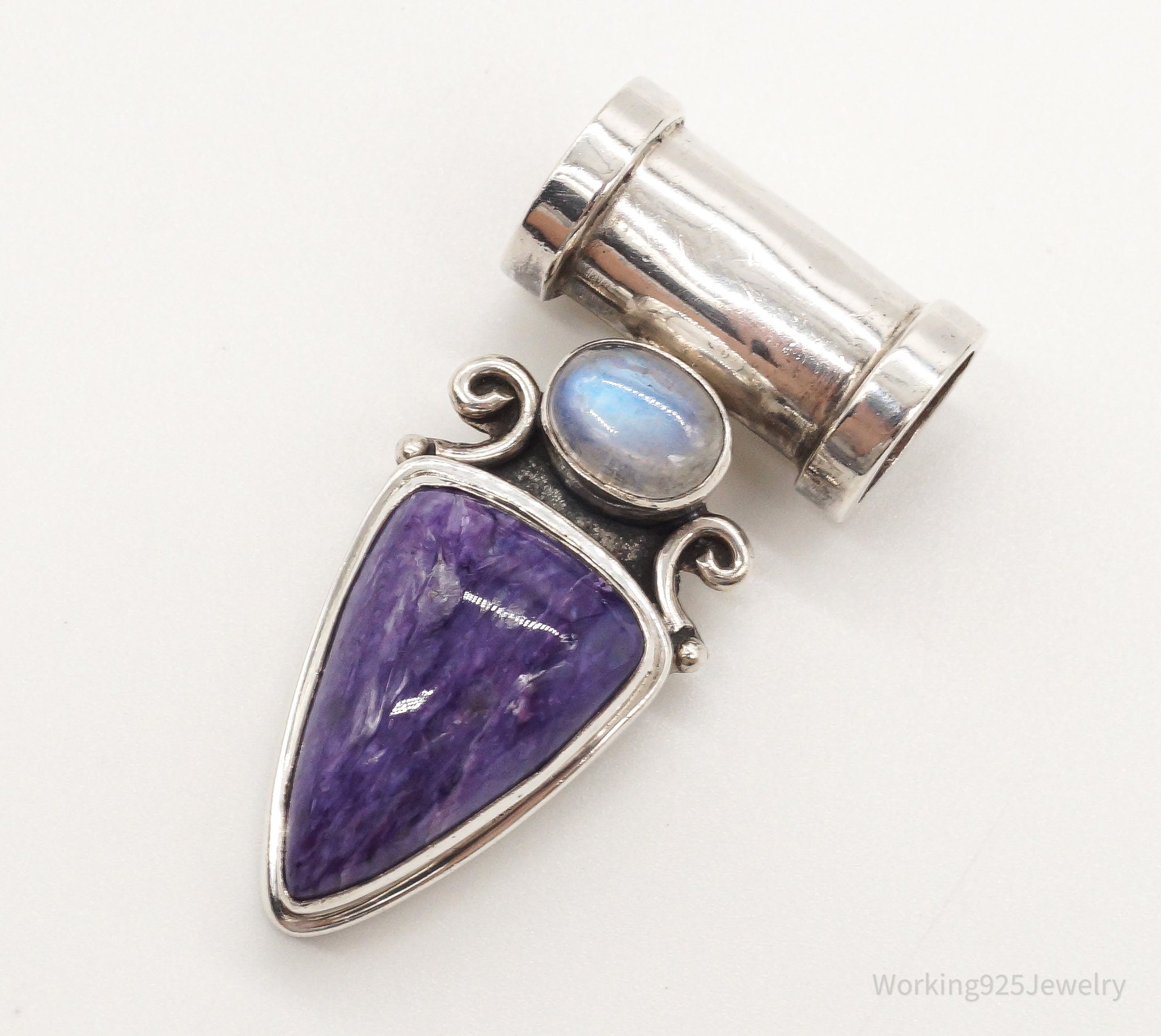 Large Vintage Charoite Moonstone Sterling Silver Pendant