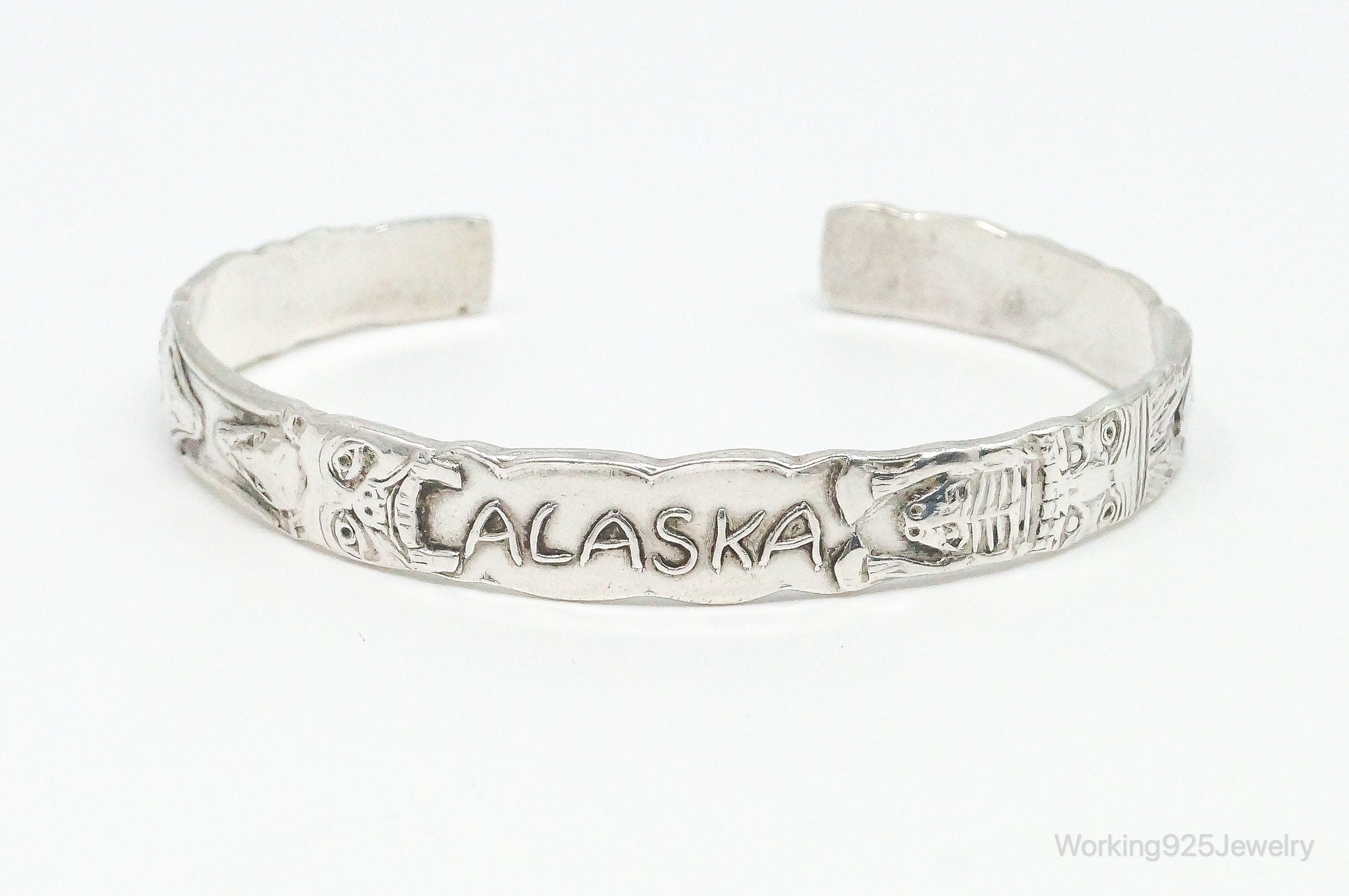 Vintage ALASKA Tribal Totem Sterling Silver Cuff Bracelet