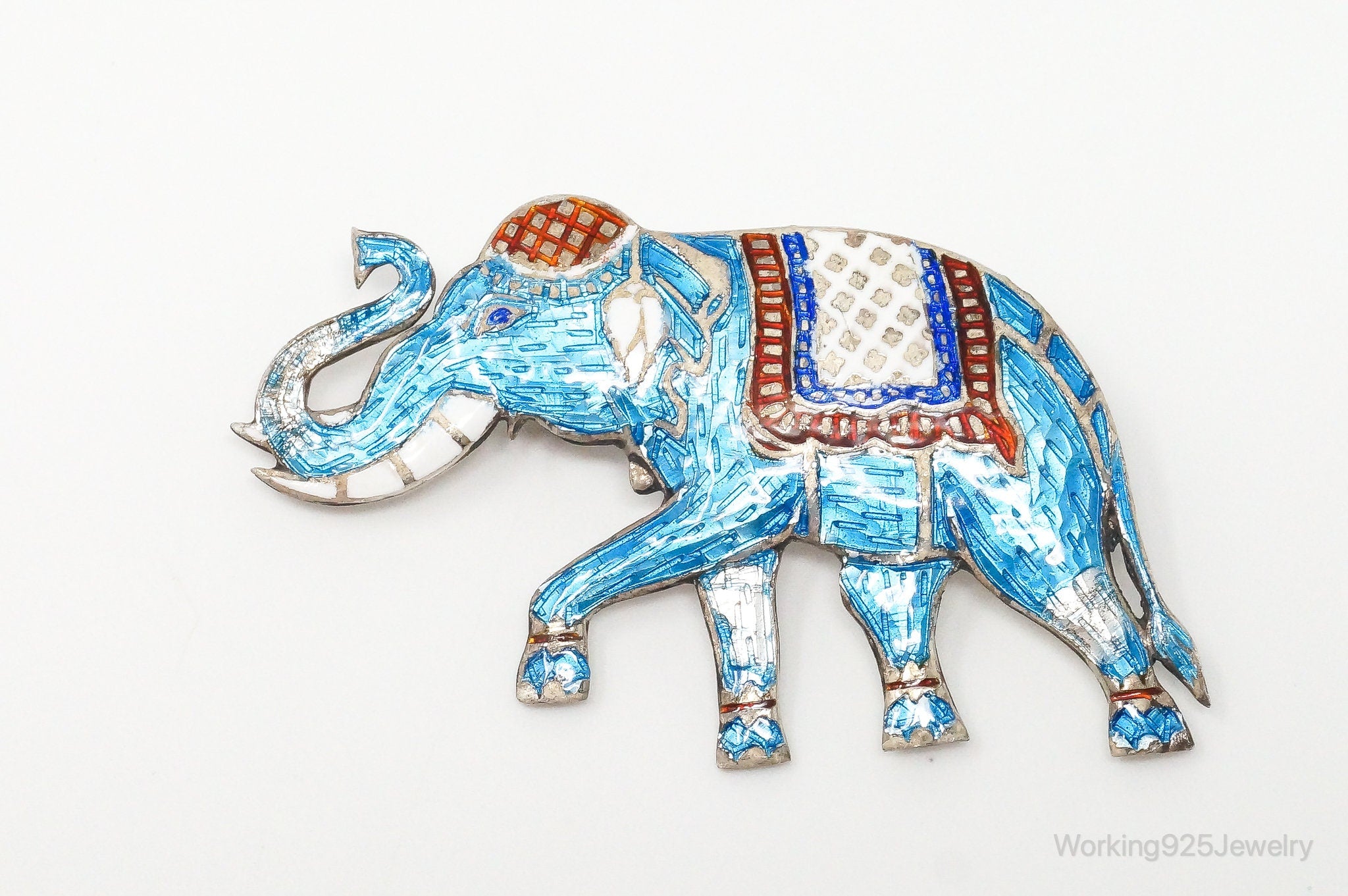 Vintage Designer SIAM NIELLO Elephant Enamel Sterling Silver Brooch Pin