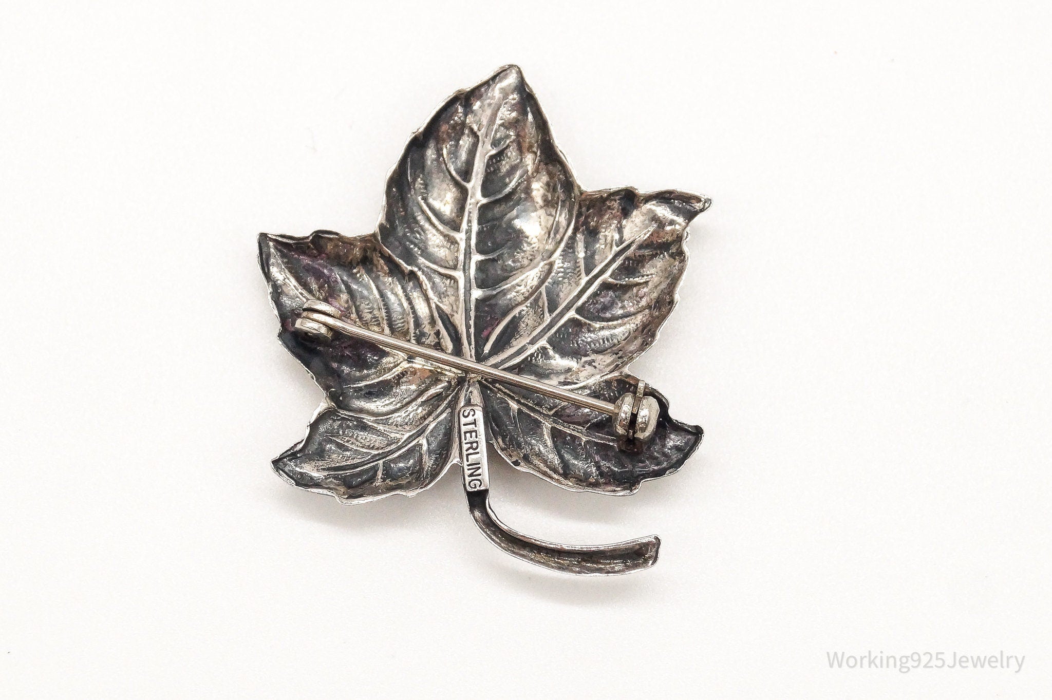 Large Antique Sterling Silver Leaf Pin Brooch