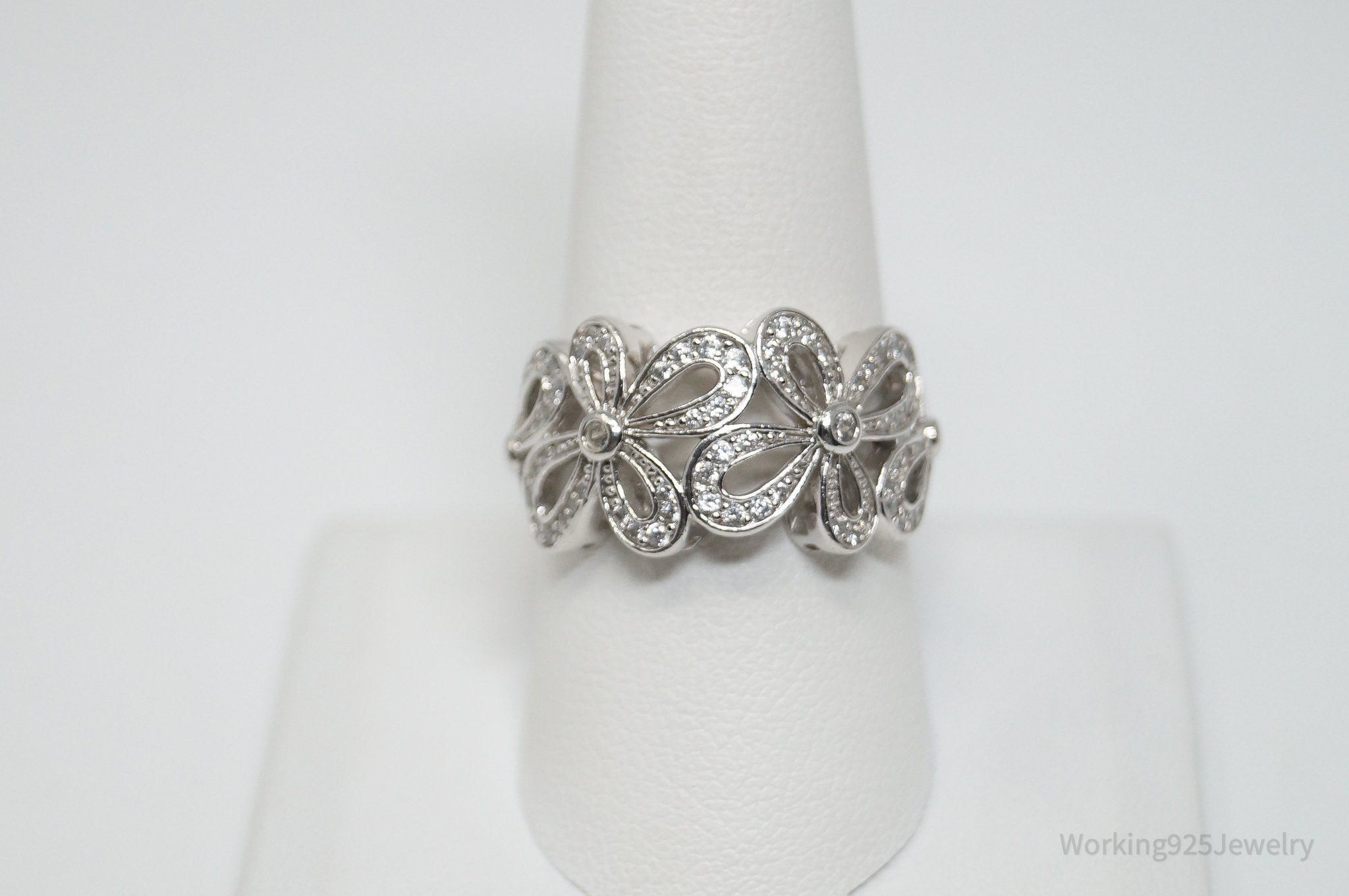 Vintage Designer SW Cubic Zirconia Floral Sterling Silver Ring - Sz 9