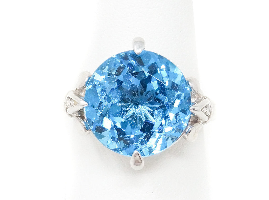 Vintage Art Deco Style Blue Topaz CZ Sterling Silver Statement Ring Sz 7