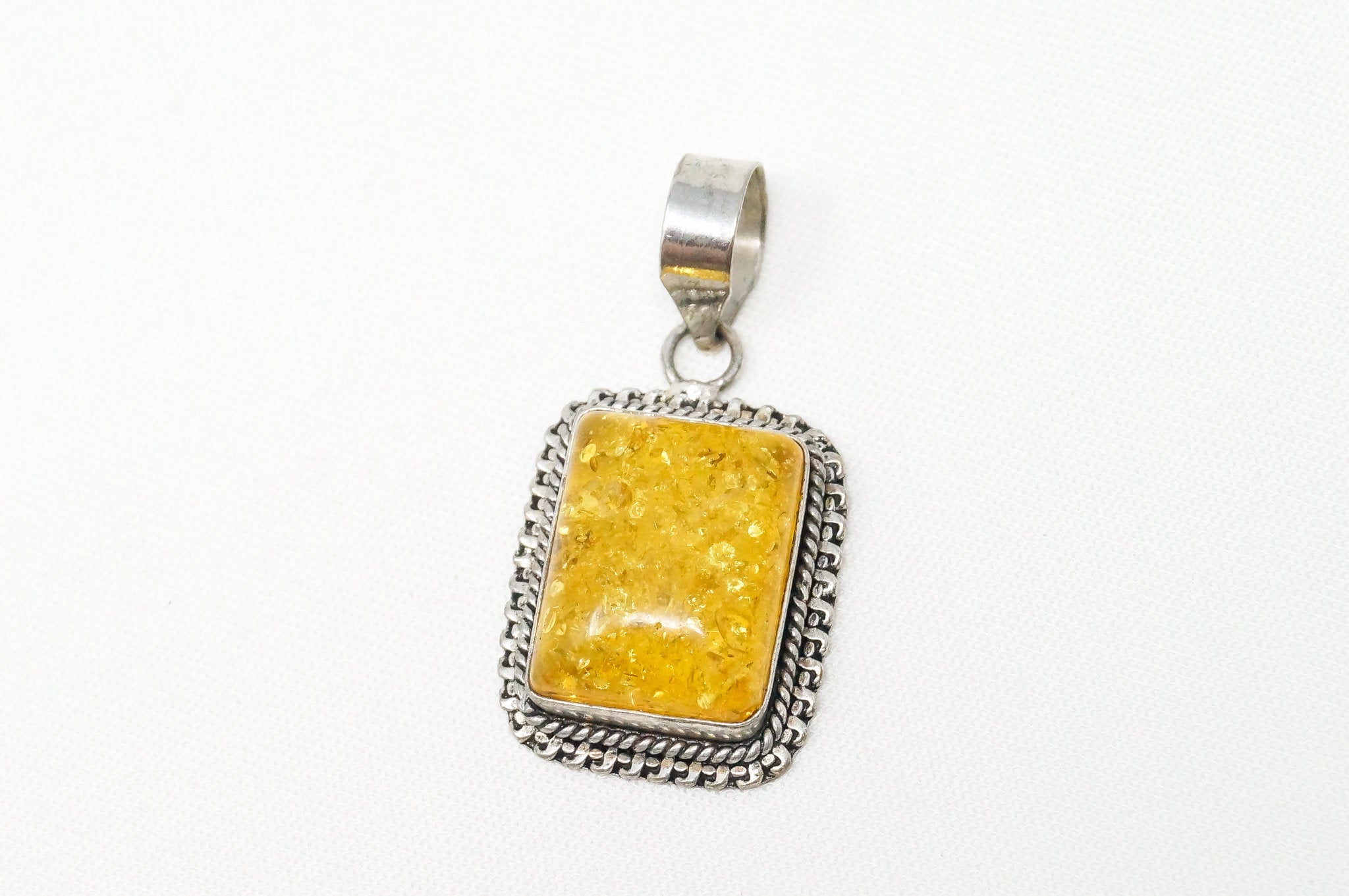 Large Vintage Amber Modernist Sterling Silver Necklace Pendant