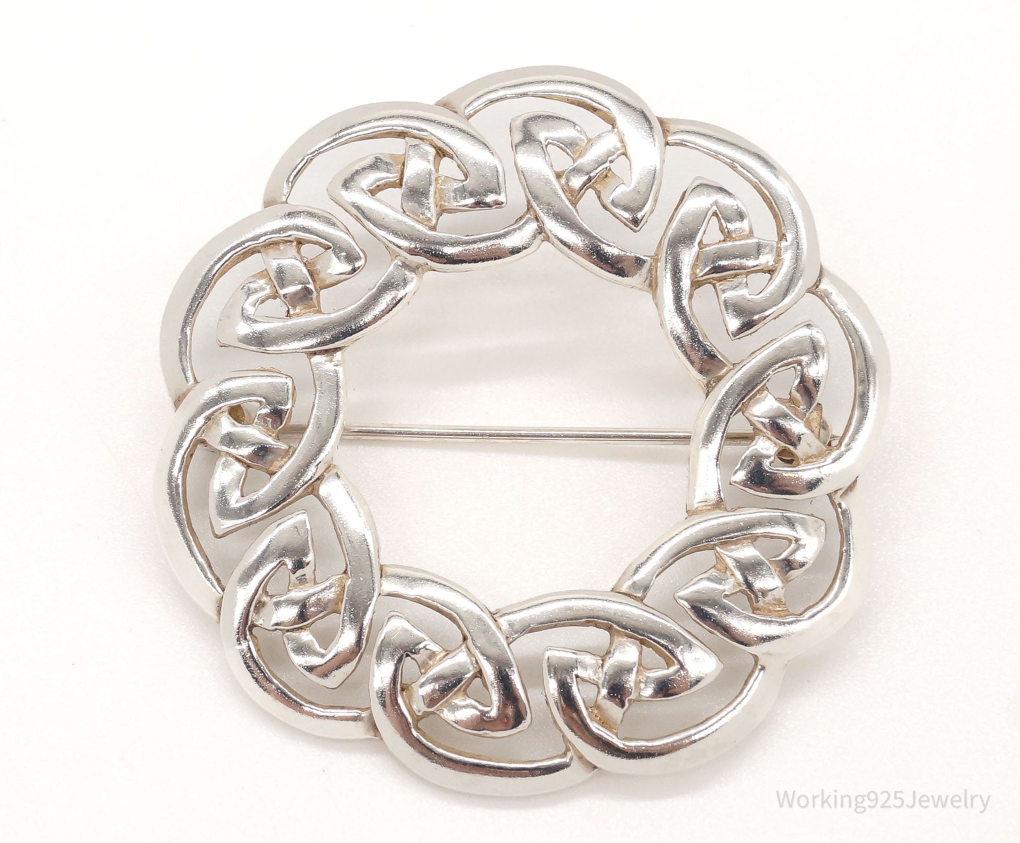 Large Vintage Designer KH Celtic Knot Wreath Sterling Silver Brooch Pin