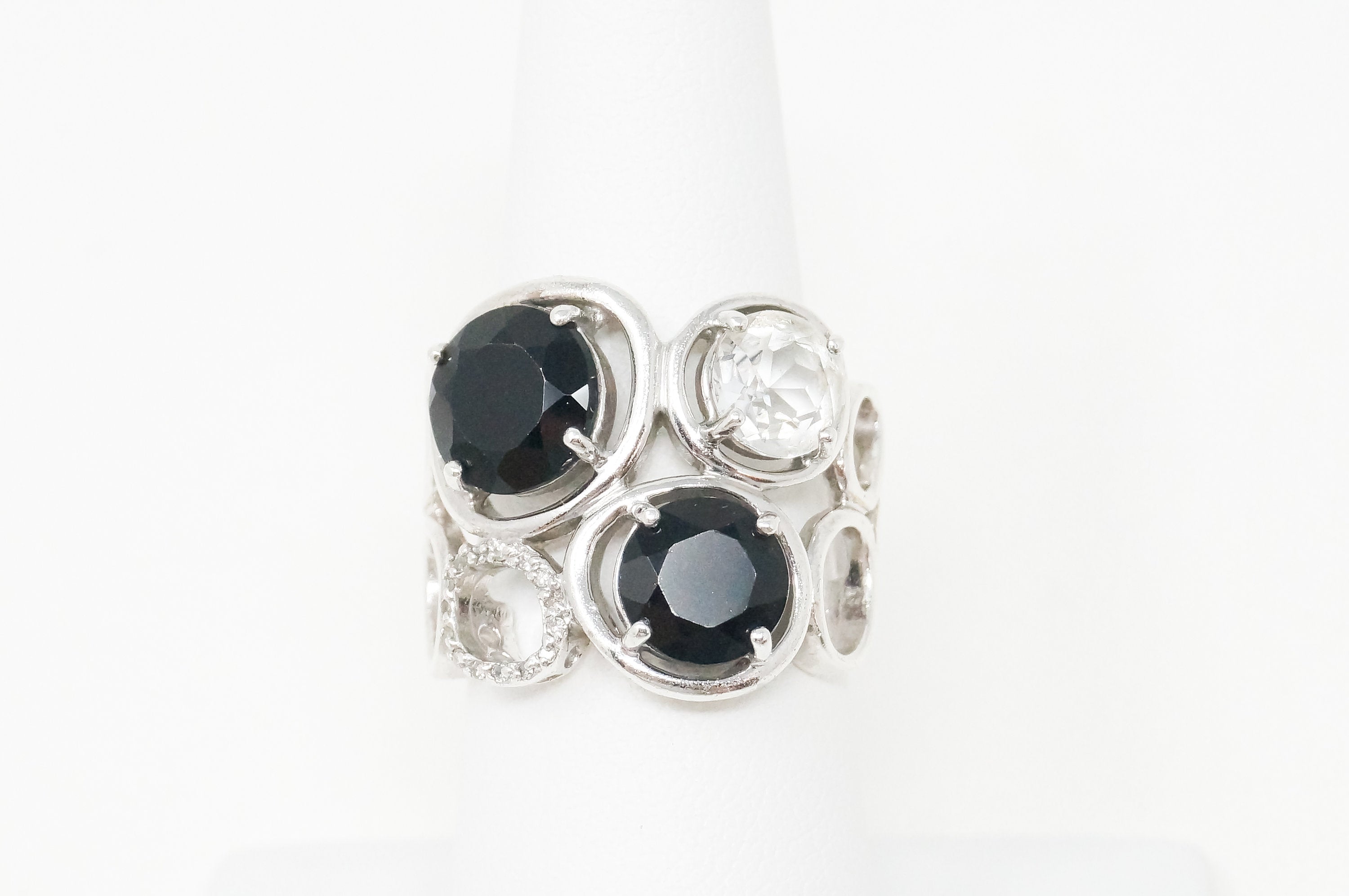 Vintage Art Deco Mid Century Style Black Onyx Cz Sterling Silver Ring - Size 6.5