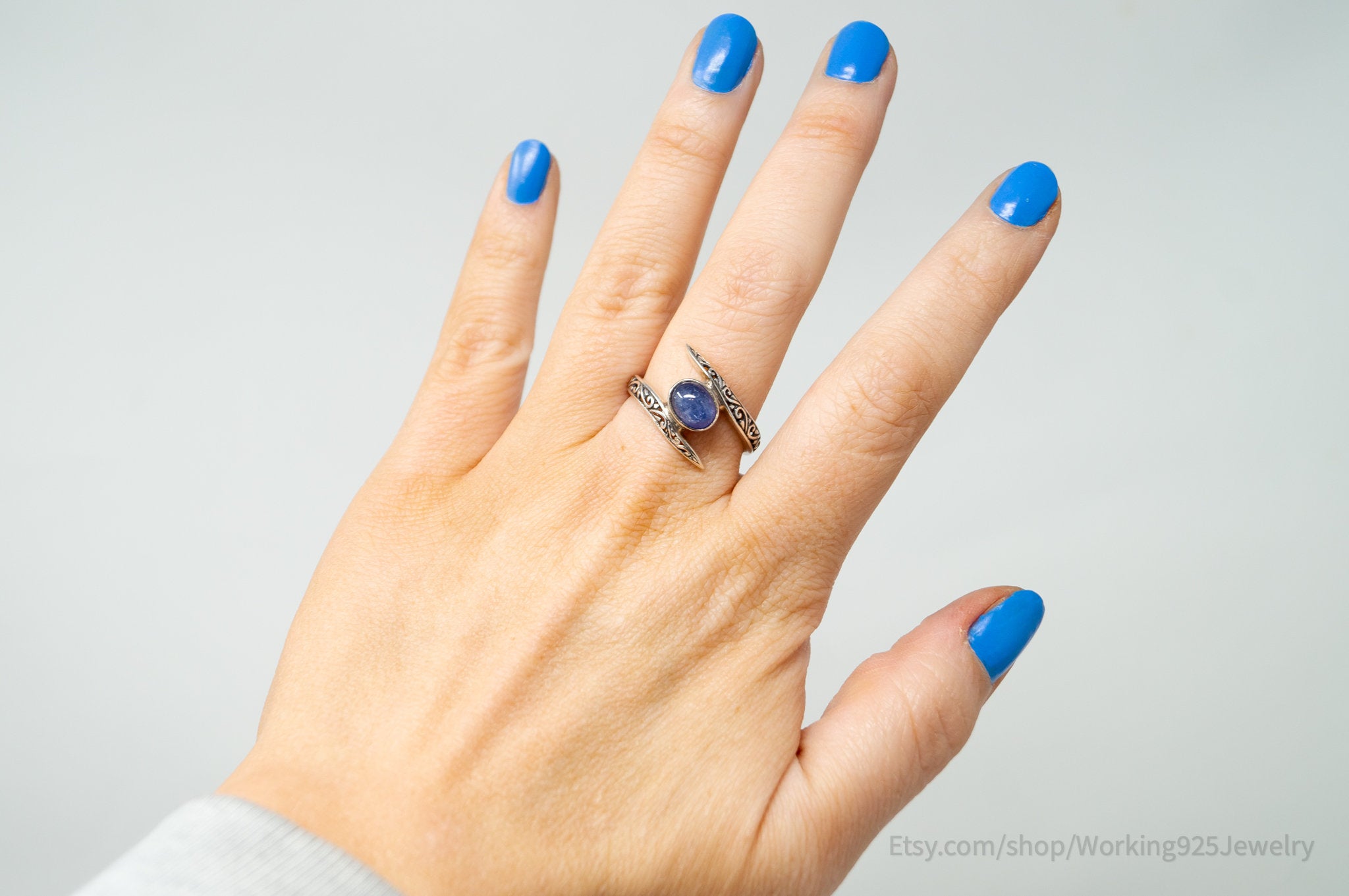 Vintage Deco Style Blue Gemstone Swirl Scroll Sterling Silver Ring - Size 10