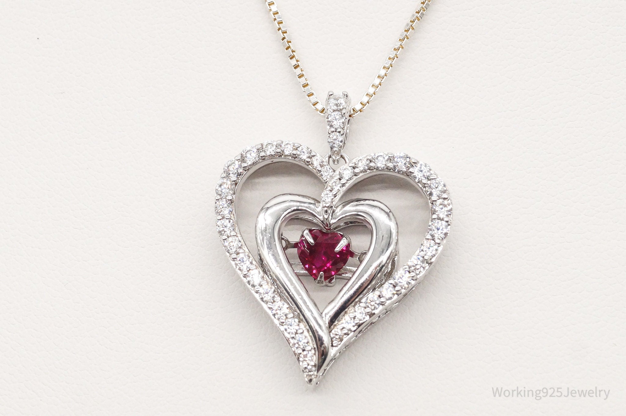 Vintage Designer SUN Ruby Cubic Zirconia Heart Sterling Silver Necklace