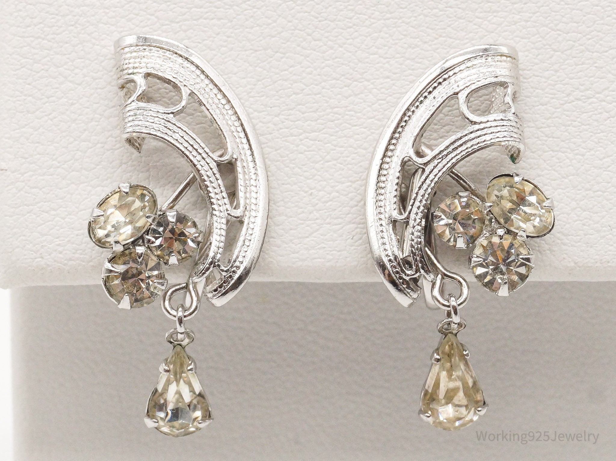 Vintage 1940s Art Deco Rhinestone Silver Screw Back Earrings