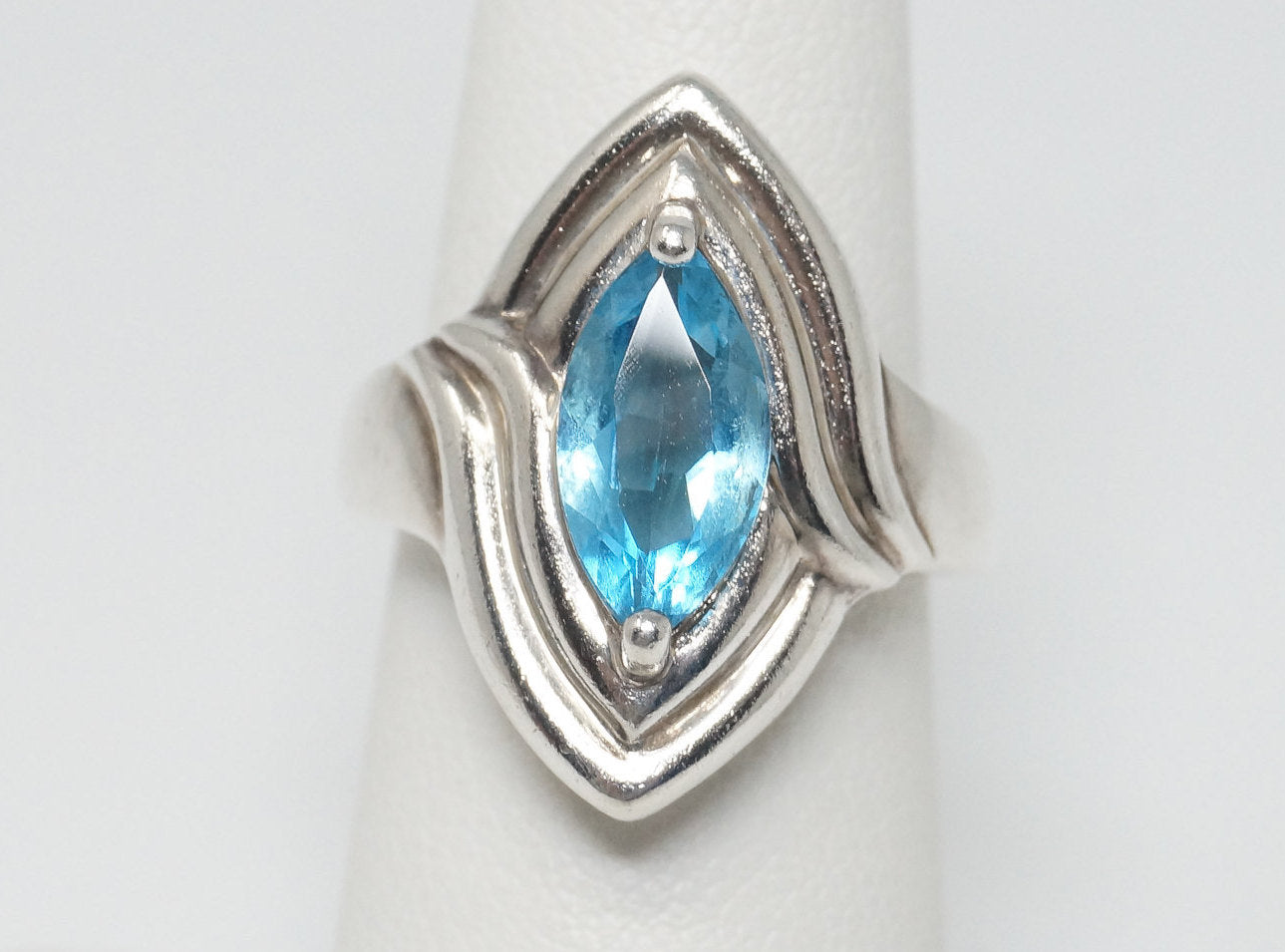 Vintage Designer Blue Topaz Art Deco Sterling Silver Ring - Sz 5.75