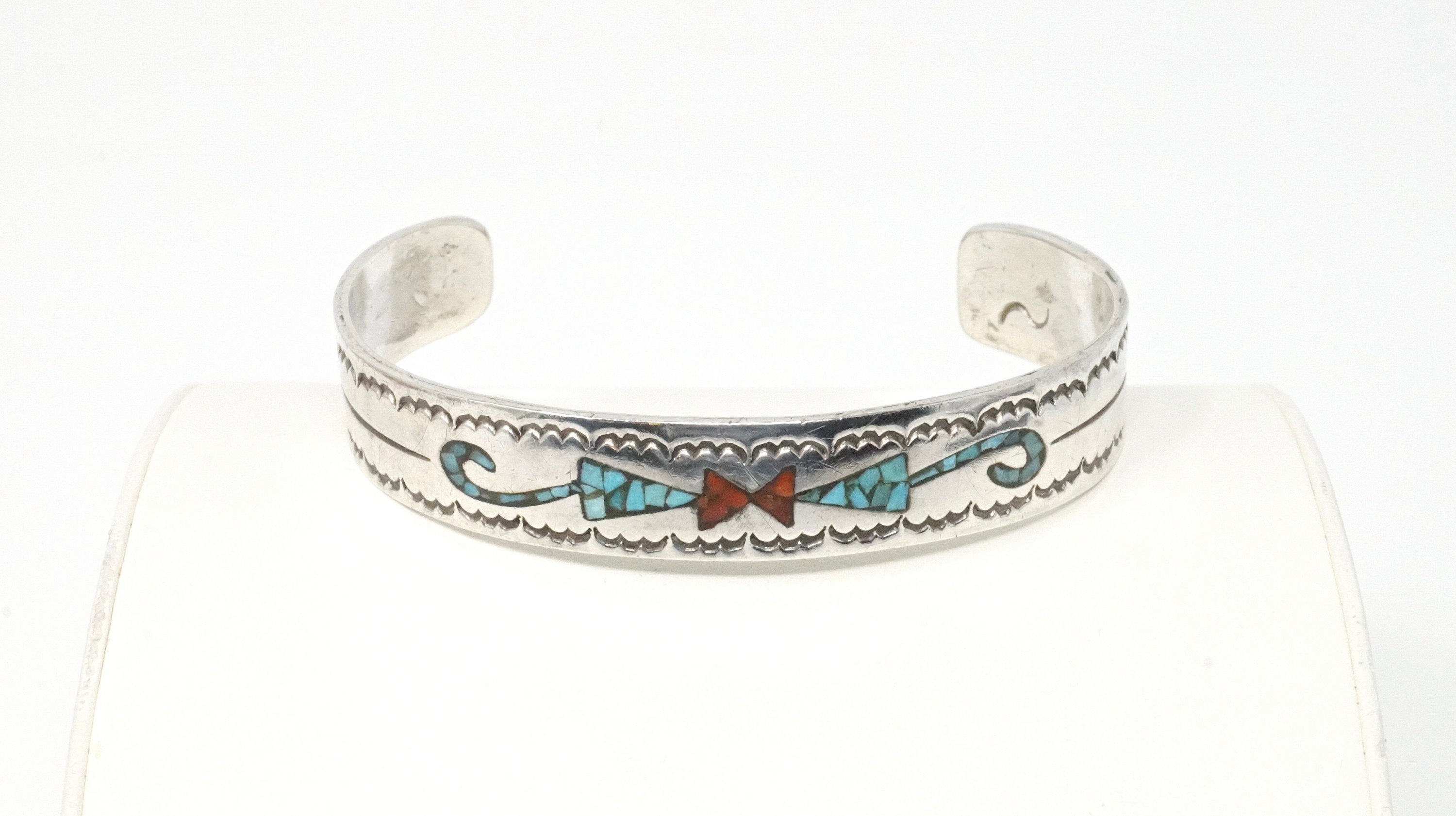 Native American Fred Thompson Turquoise Coral Sterling Silver Cuff Bracelet