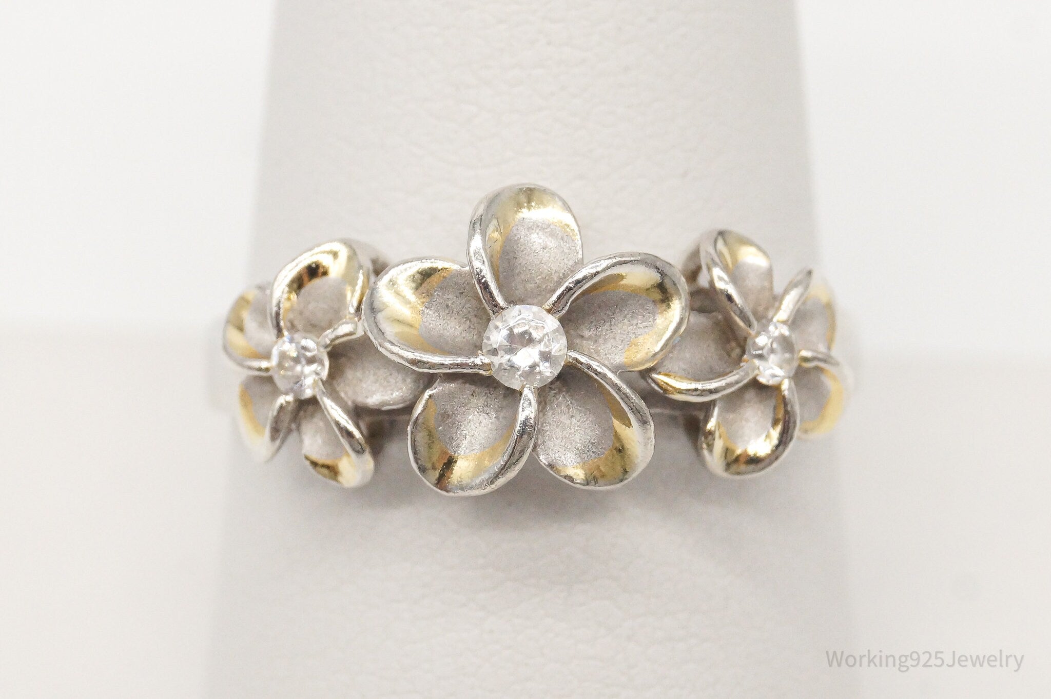 Vintage Cubic Zirconia Flowers Gold Vermeil Sterling Silver Ring - Size 9