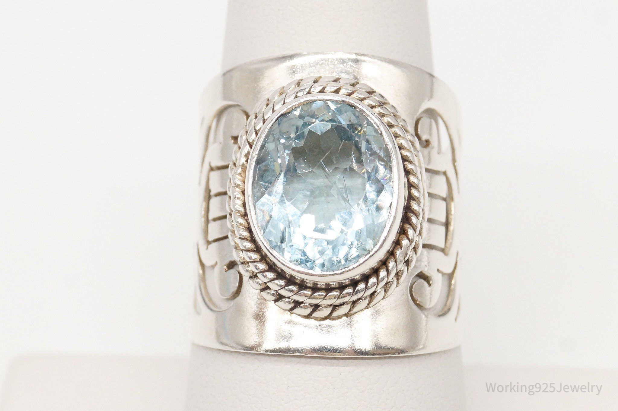 Vintage Large Blue Topaz Sterling Silver Ring - Size 8.25