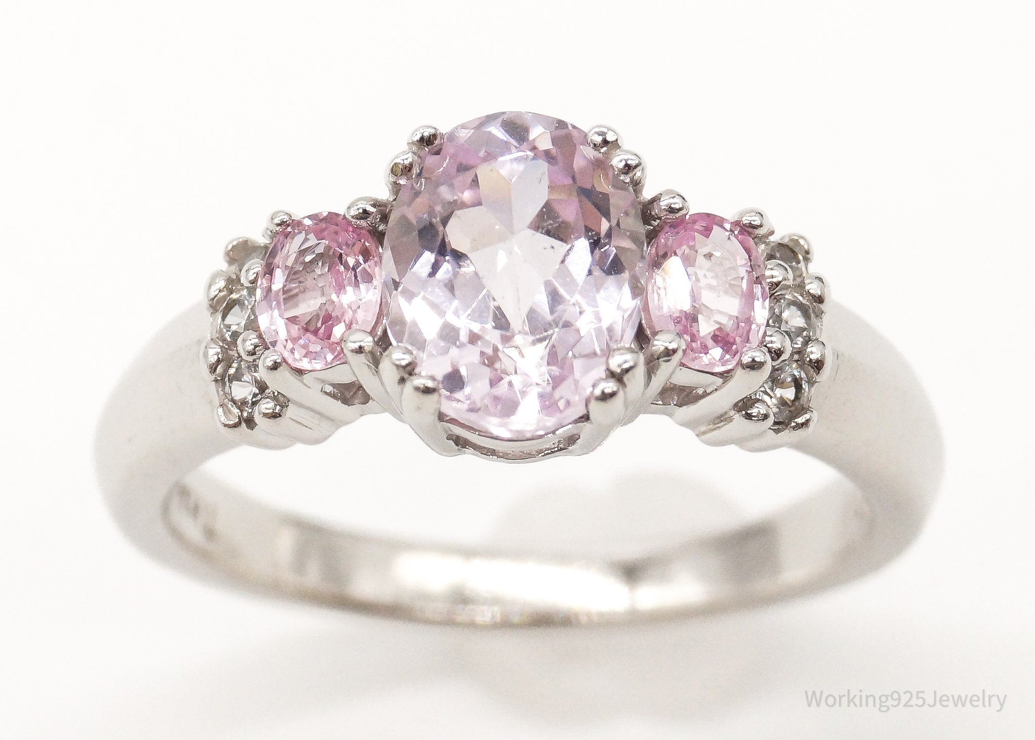 Pink Kunzite Pink Sapphire Cubic Zirconia Rhodium Sterling Silver Ring SZ 7.5