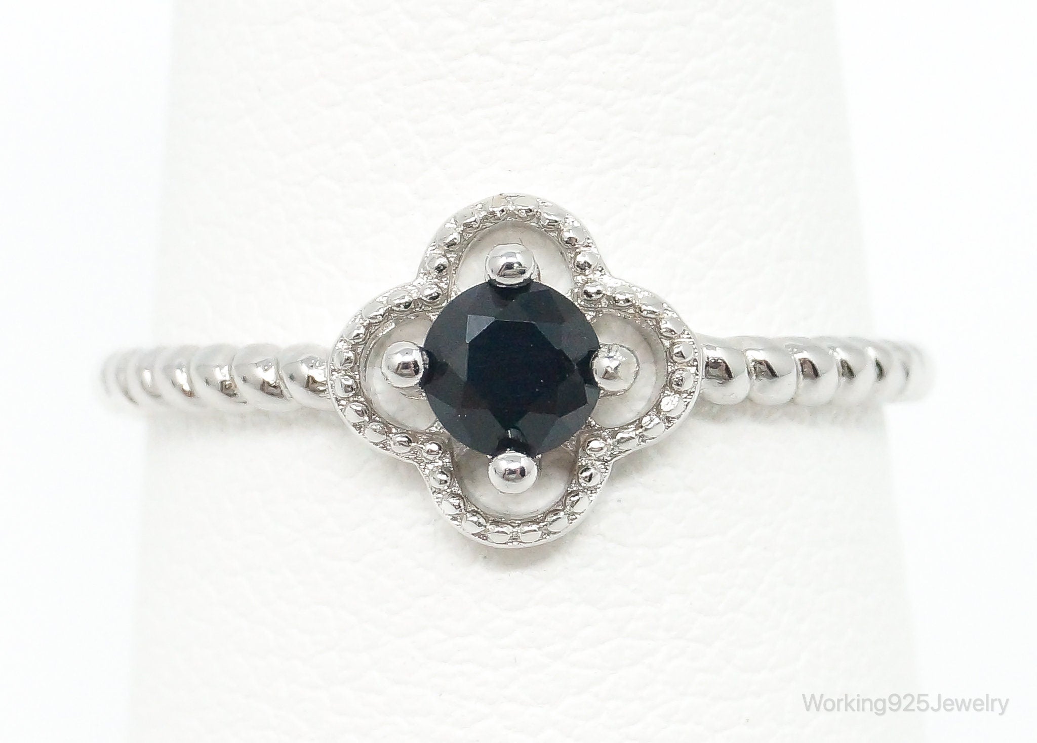 Black Onyx Clover Sterling Silver Ring - Size 7 Adjustable