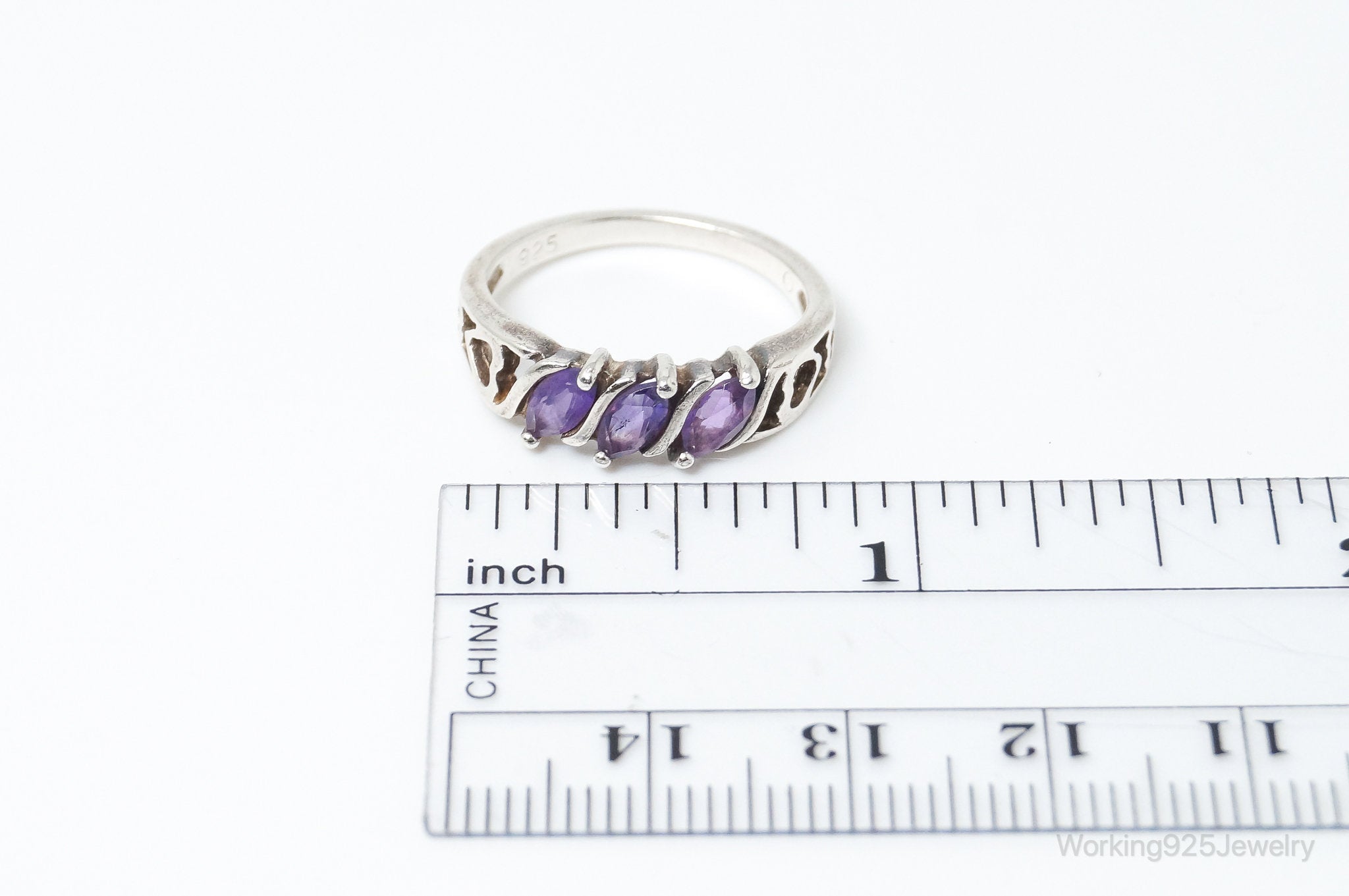 Vintage Amethyst Heart Cut Outs Sterling Silver Ring - Size 6.75