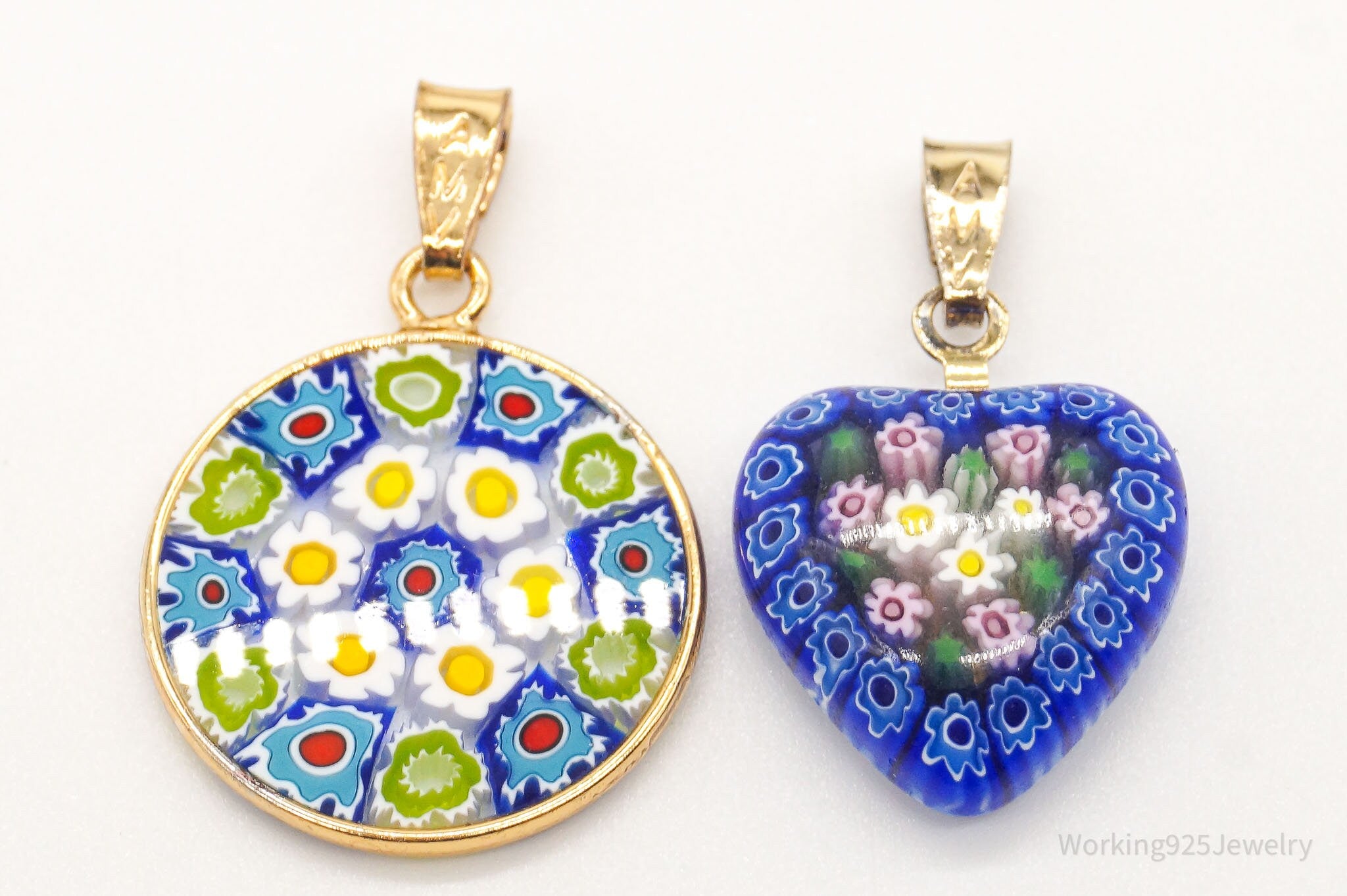 Vintage Glass Murano Millefiori Flowers Sterling Silver Gold Vermeil Pendant Set