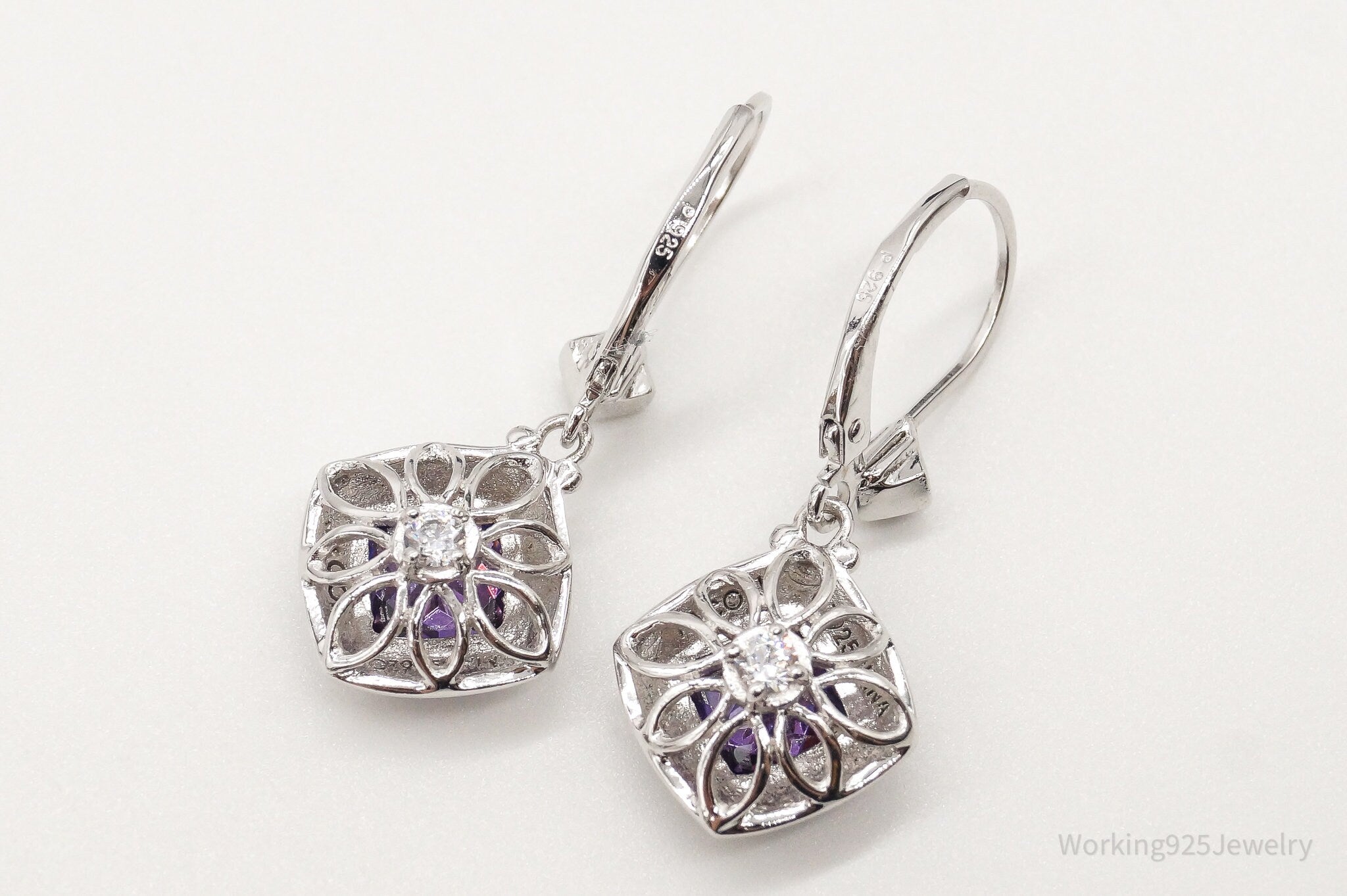 Vintage Designer Purple & White Cubic Zirconia Sterling Silver Earrings