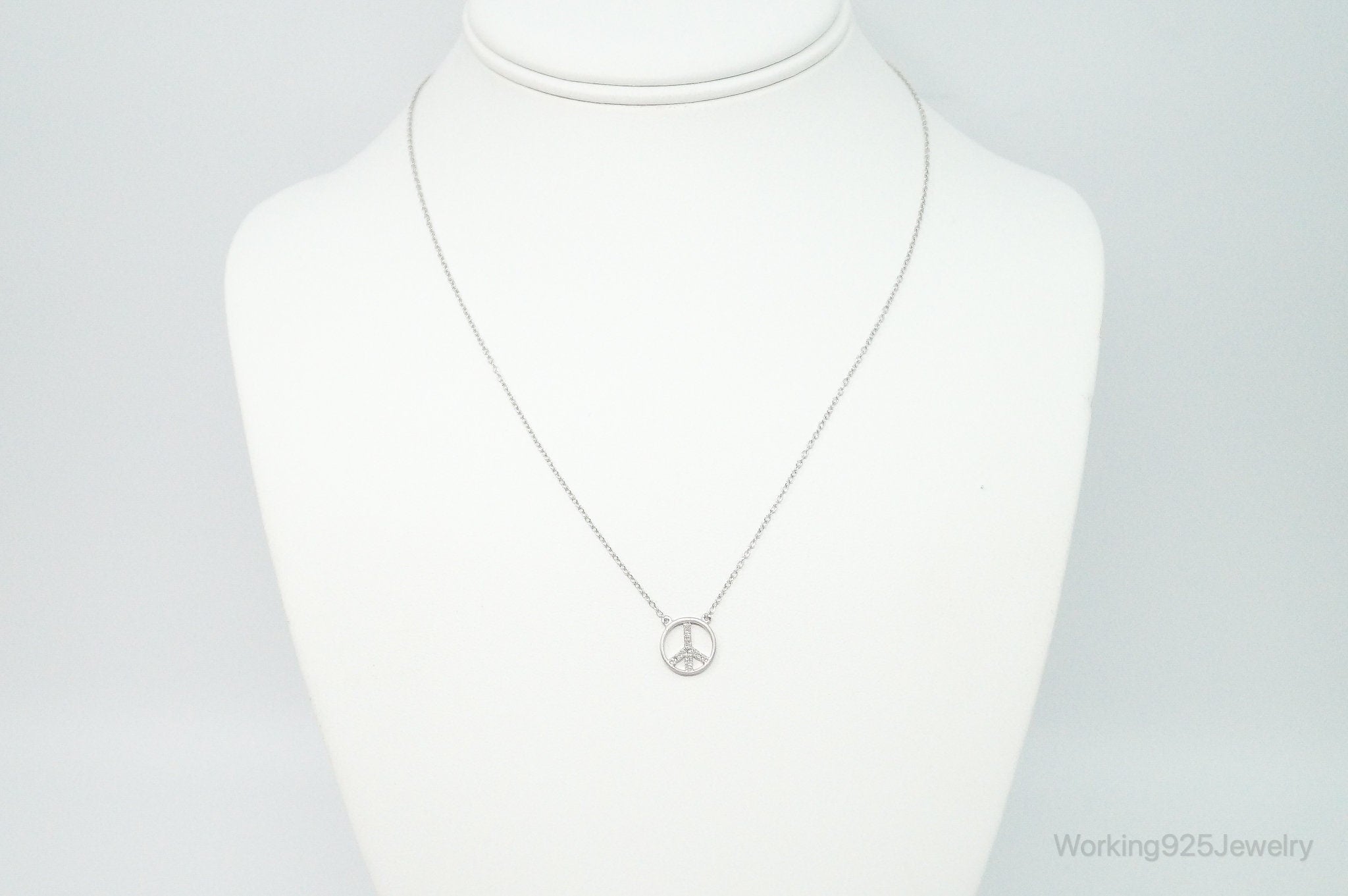 Vintage Cubic Zirconia Peace Sign Sterling Silver Necklace