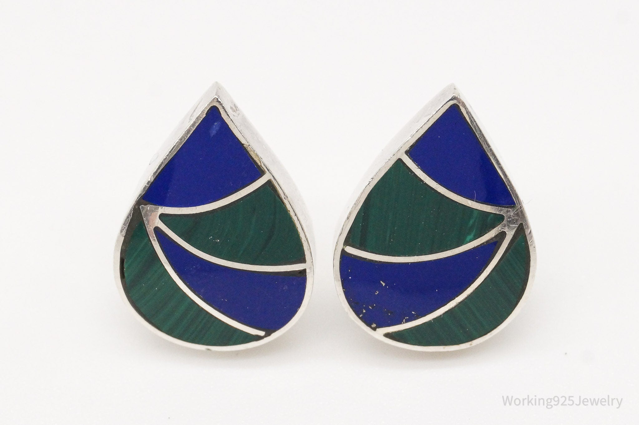 Vintage Lapis Lazuli Malachite 950 Silver Earrings