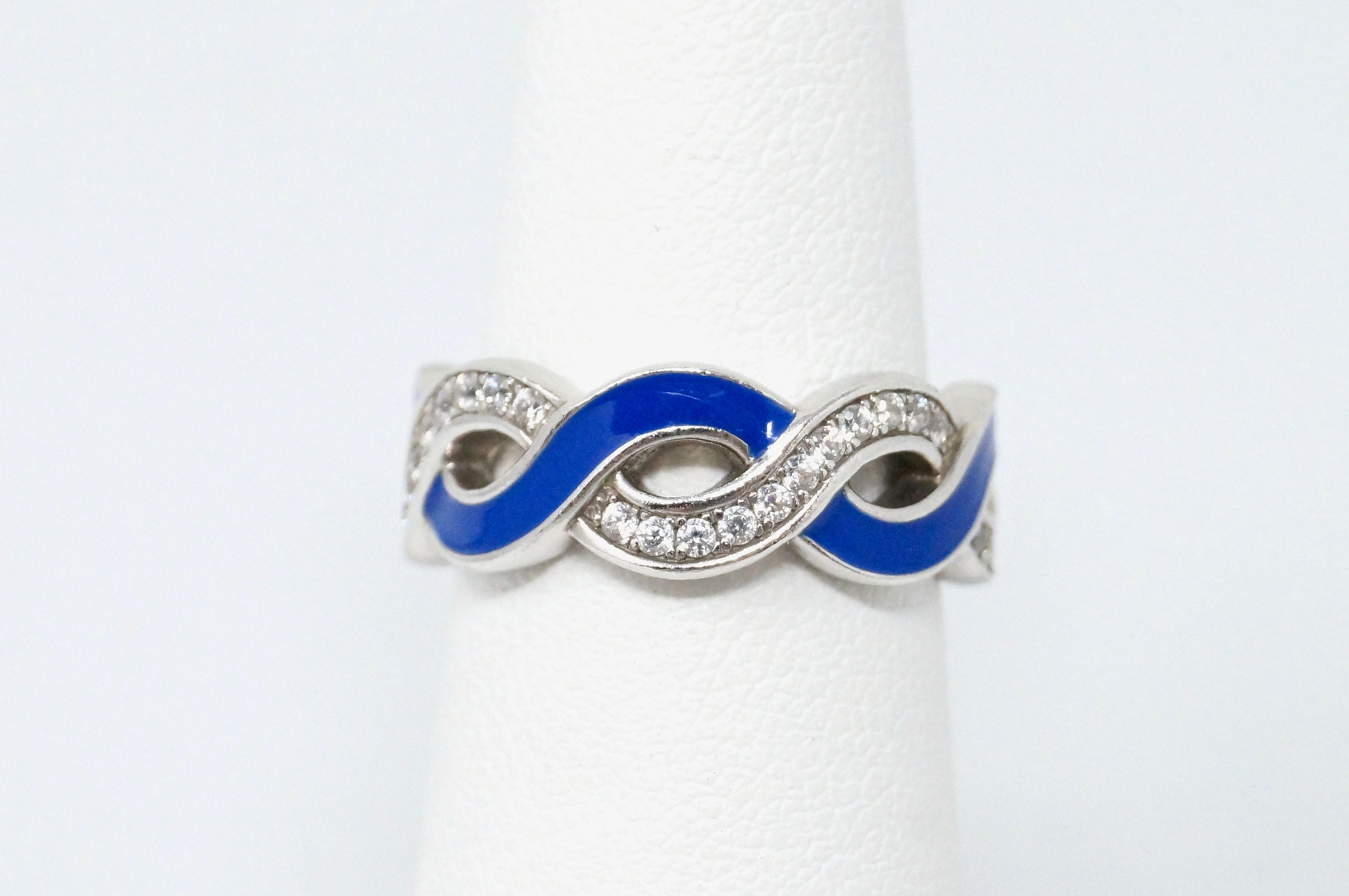 Designer Vintage Blue Enamel CZ Accented Sterling Silver Wave Ring - Size 5