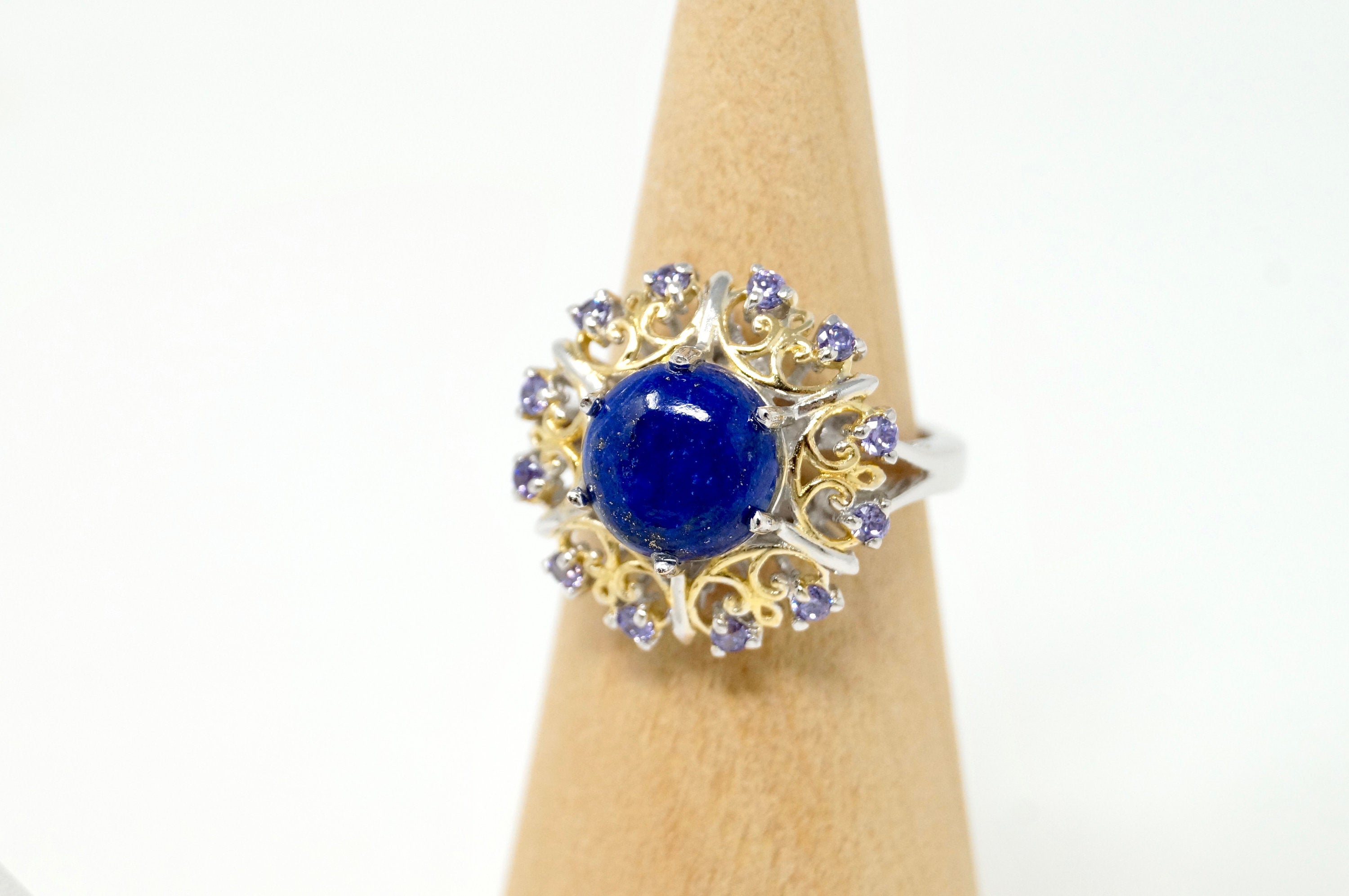 Vintage Karis Blue Lapis Lazuli Amethyst Gold Wash Deco Sterling Silver Ring Sz8