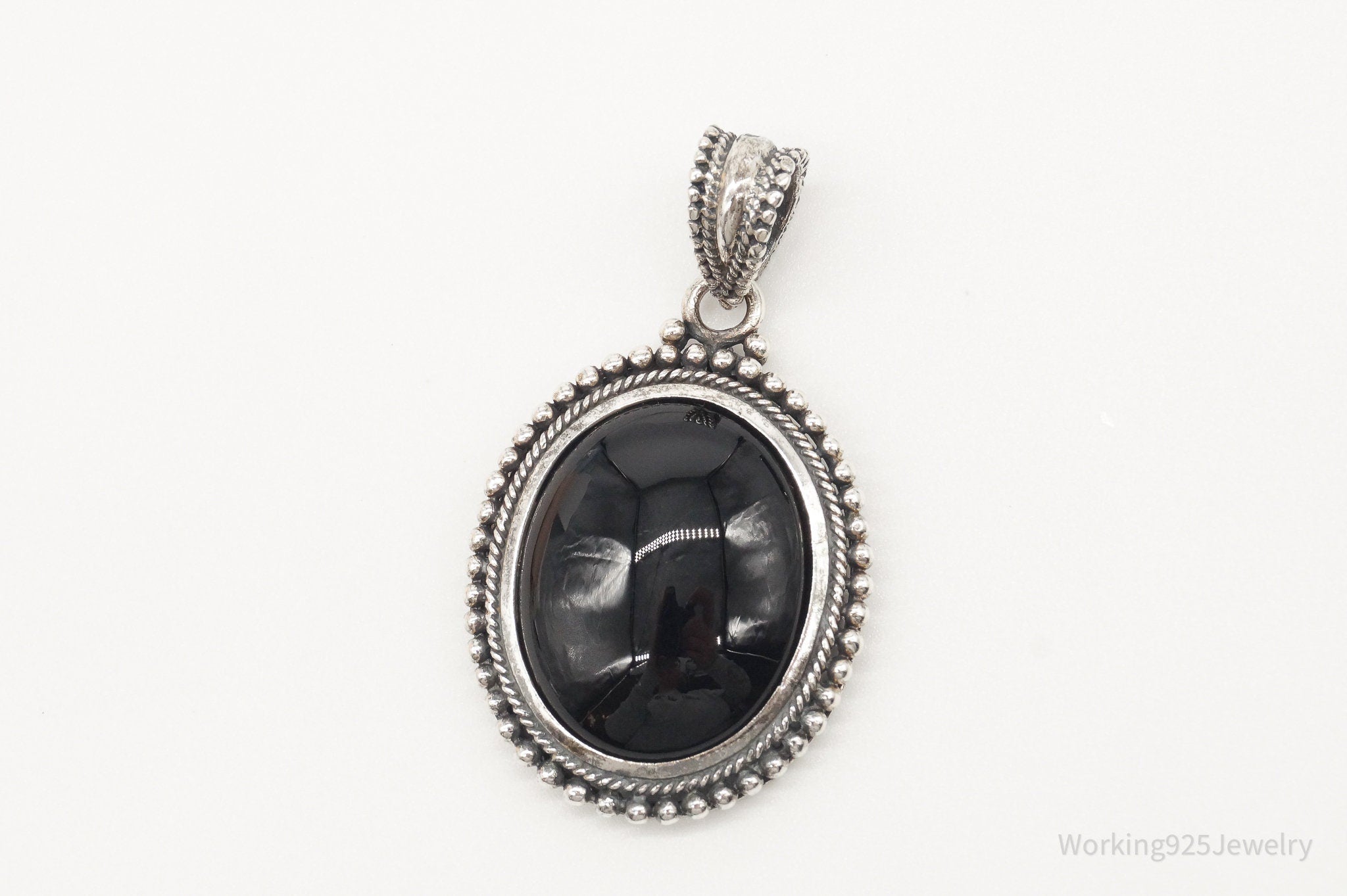 Large Vintage Black Onyx Bali Style Sterling Silver Pendant