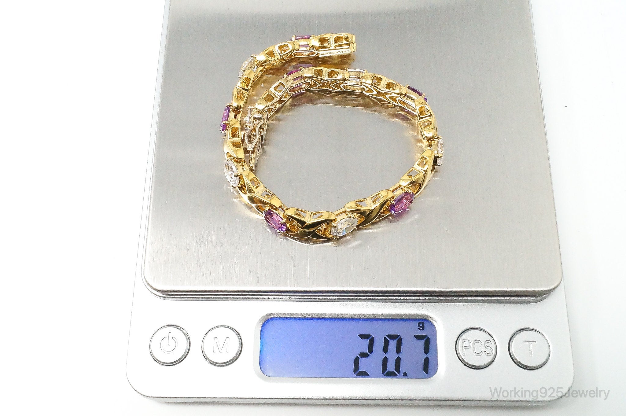 Vintage FGS Pink Topaz Cubic Zirconia Gold Vermeil Sterling Silver Bracelet