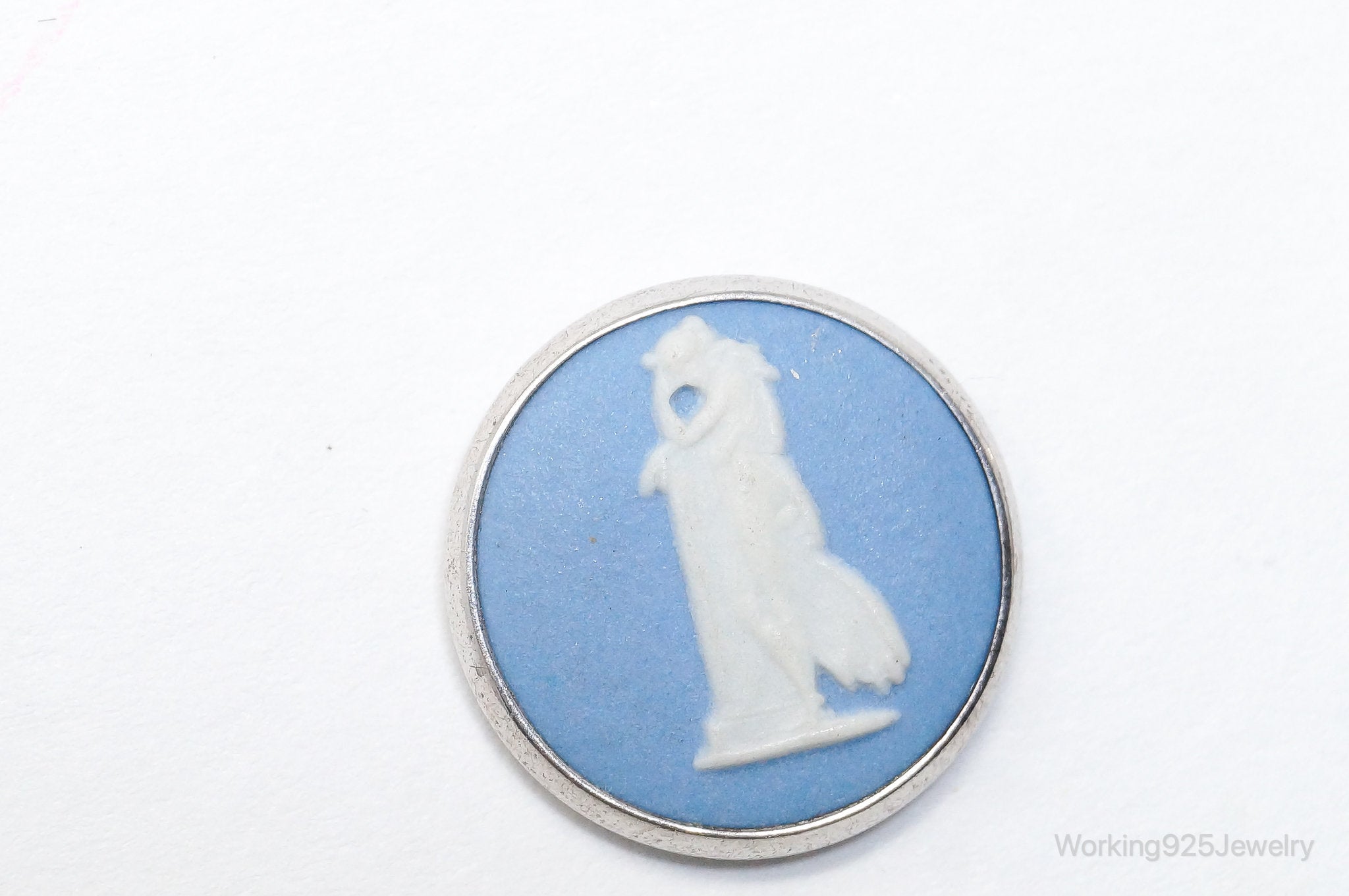 Vintage Designer Wedgewood Blue Jasperware Cameo FAW Silver Earrings