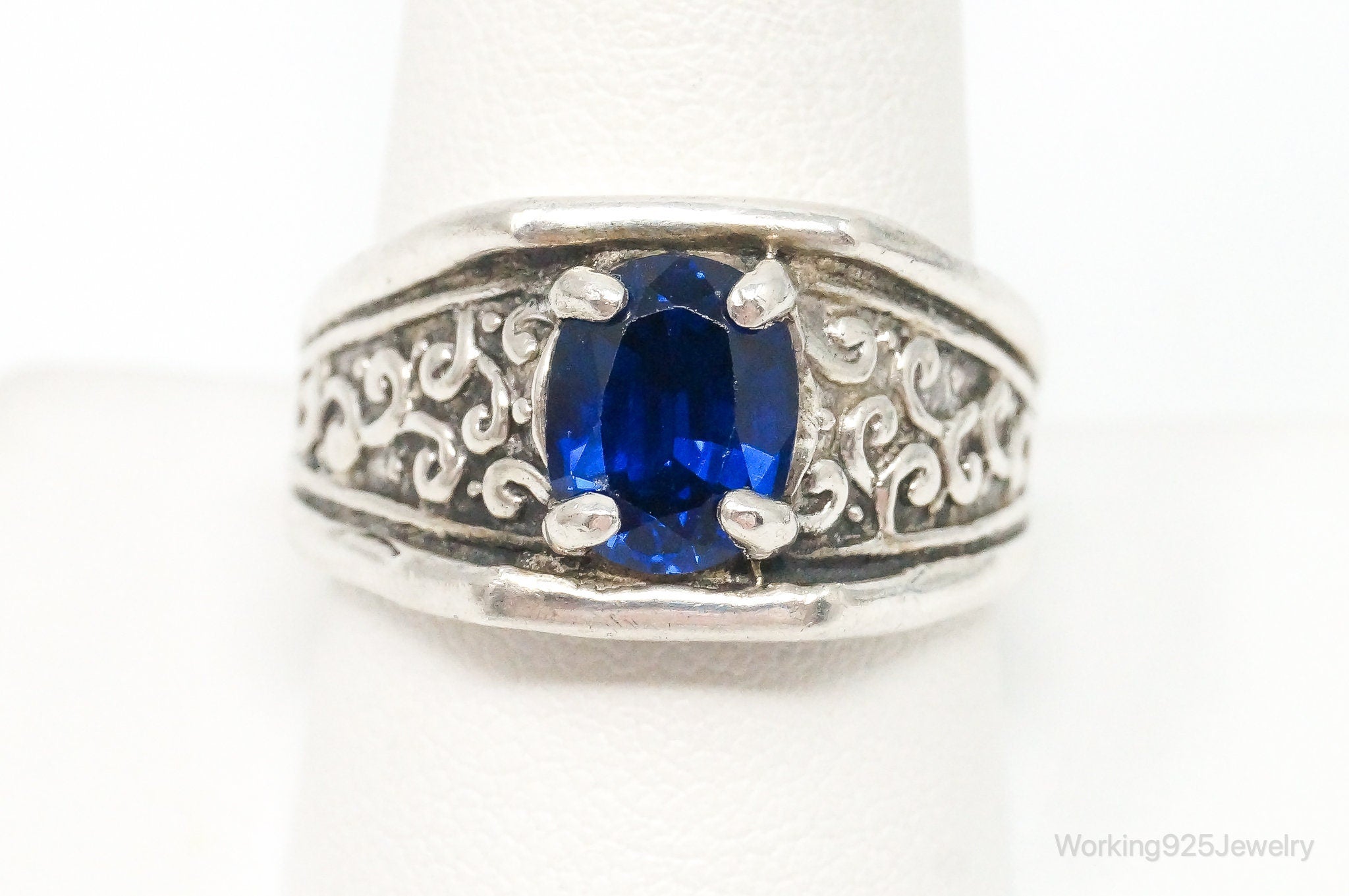 Vintage Lab Sapphire Sterling Silver Ring - Size 10