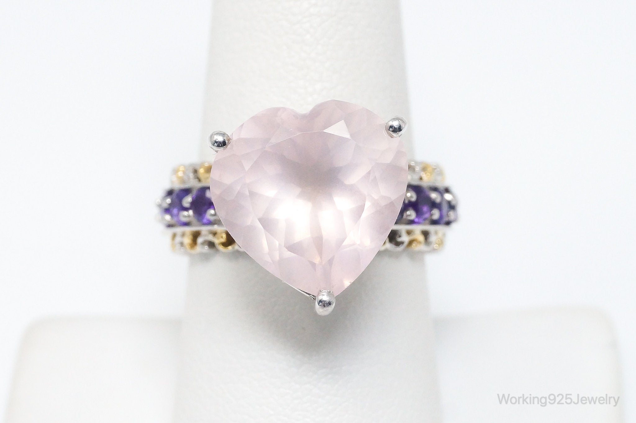 Pink Chalcedony Amethyst Gold Vermeil Sterling Silver Ring SZ 8.25