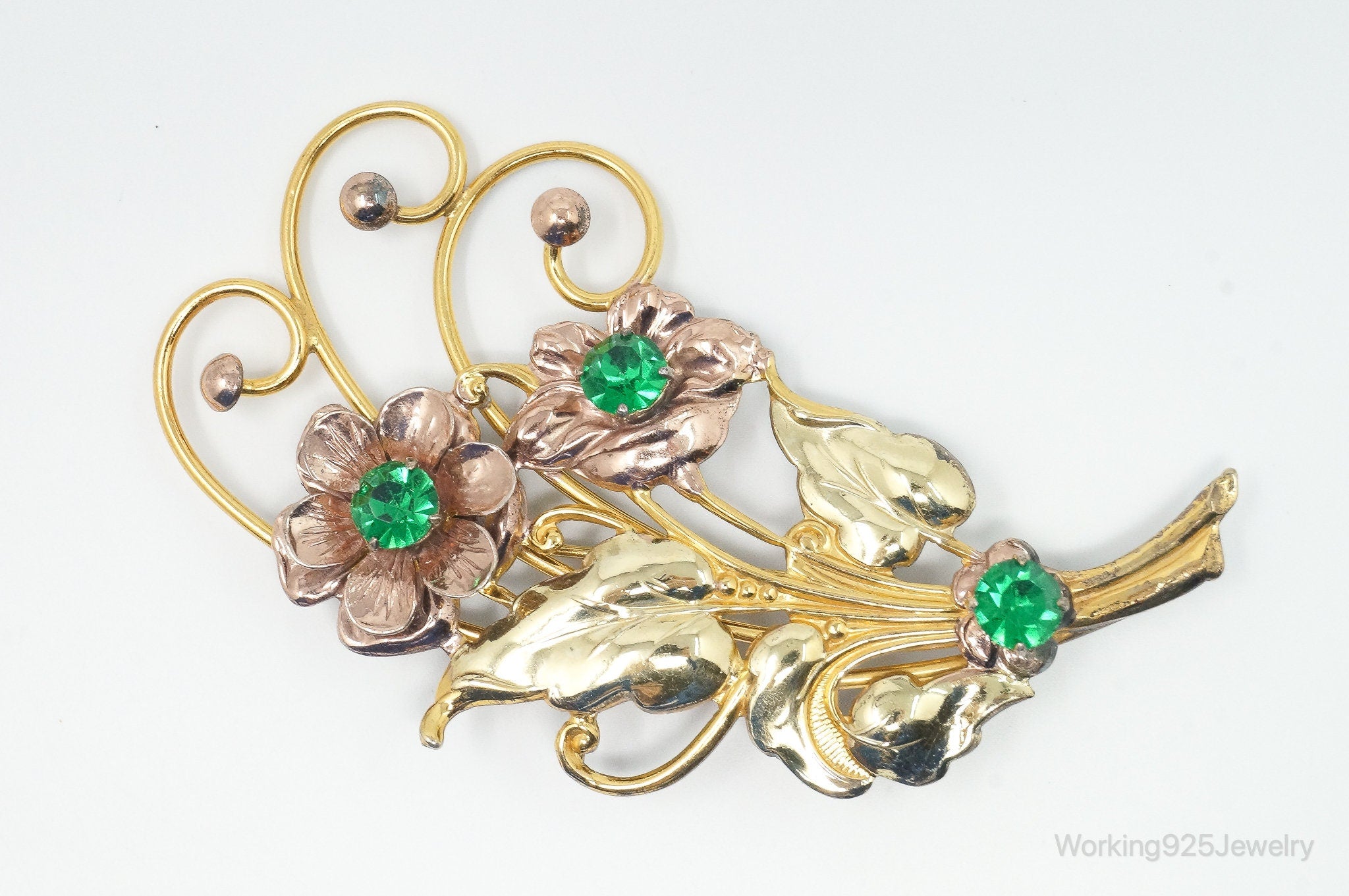 Large Vintage Green Rhinestone Flowers 12K Gold Filled Sterling Silver Brooch