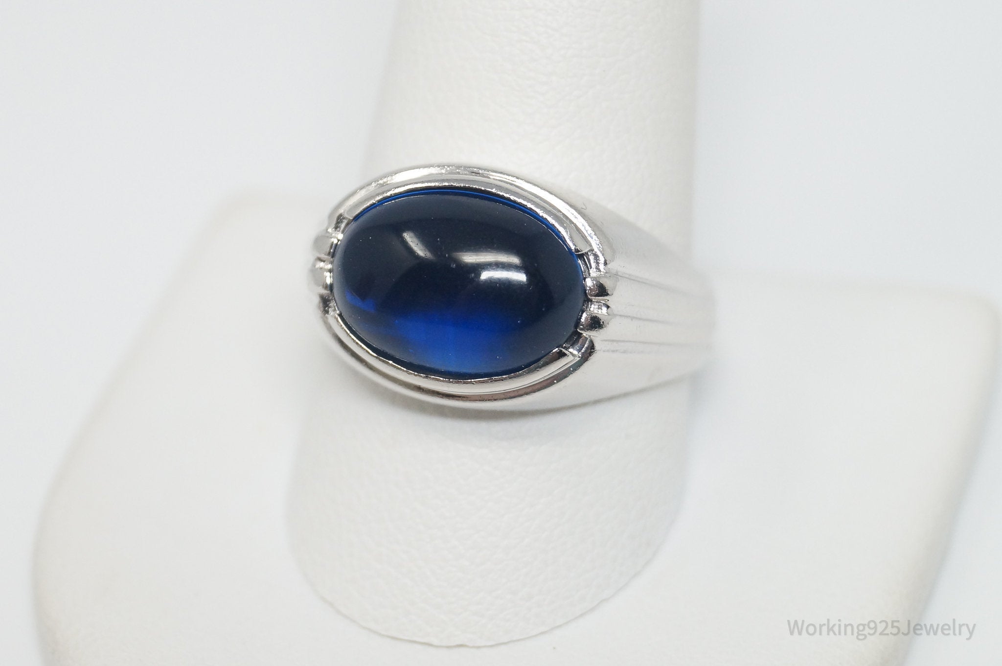 Vintage Blue Art Glass Sterling Silver Ring - Size 11