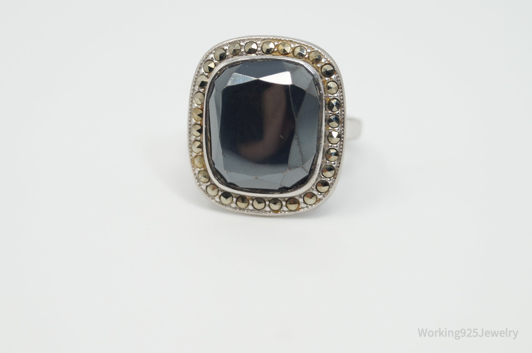 Antique Designer Hematite Marcasite Sterling Silver Ring - Sz 4.75