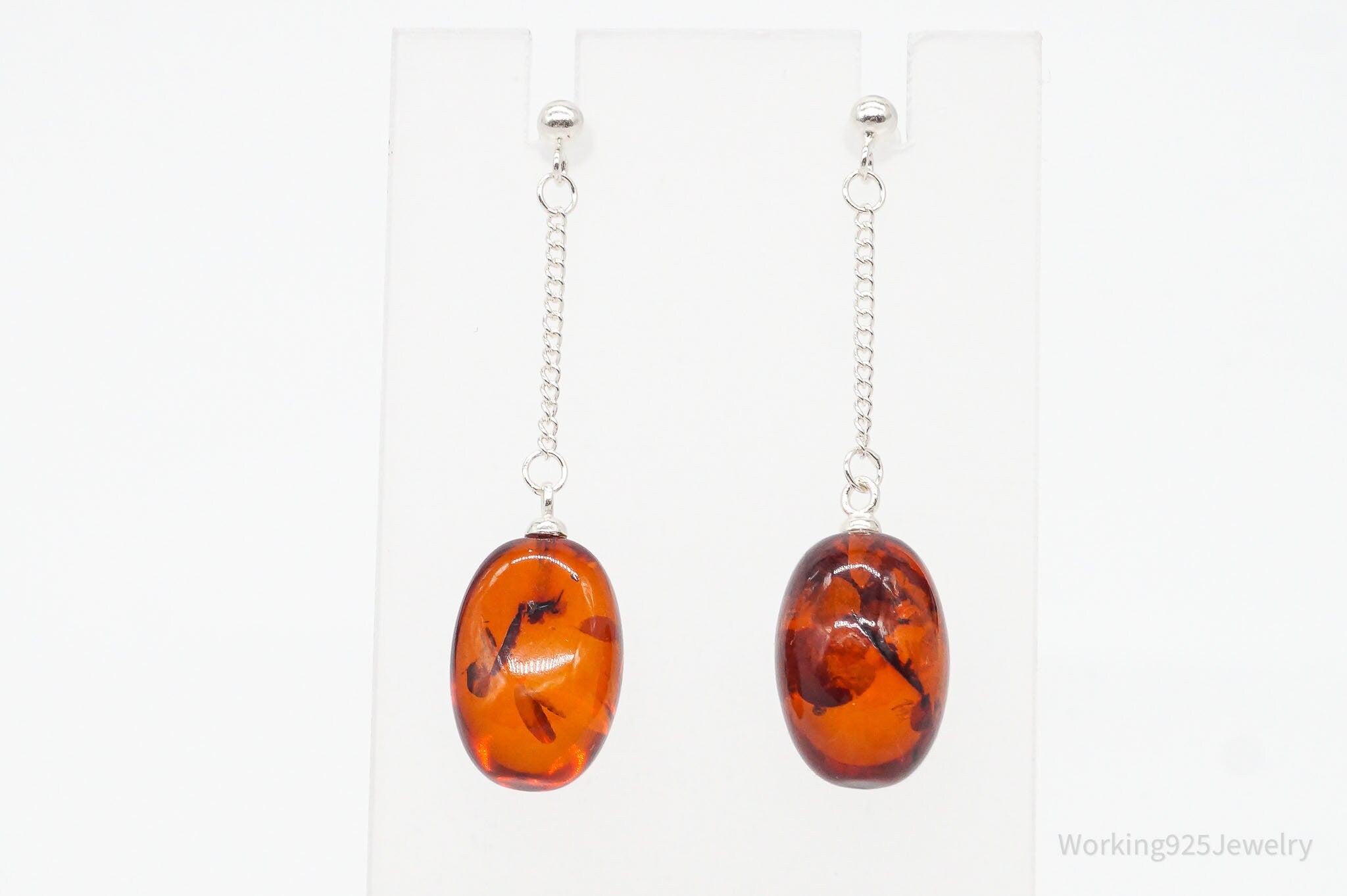 Long Vintage Amber Sterling Silver Earrings