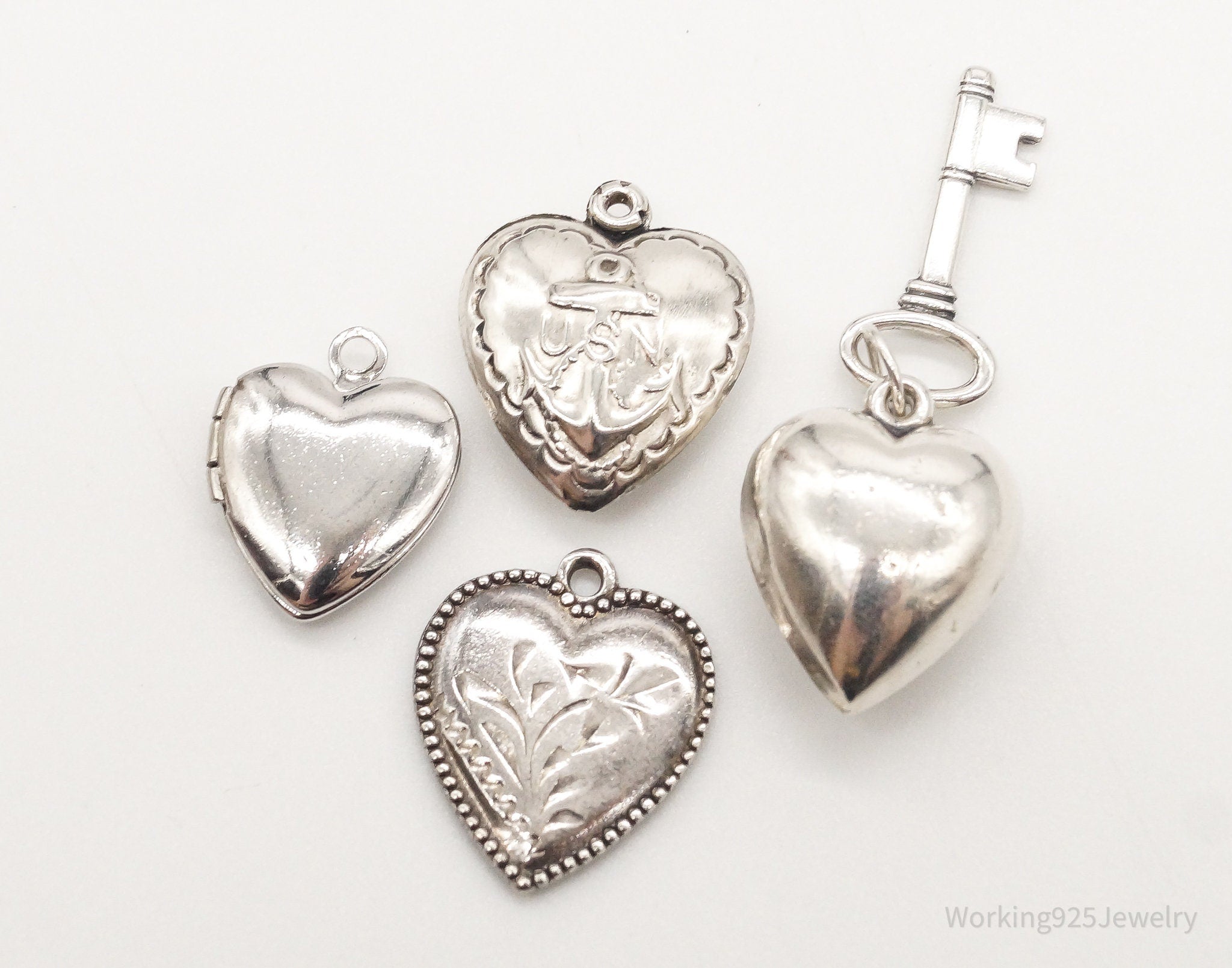 Antique Puffy Hearts Sterling Silver Charms Set Lot