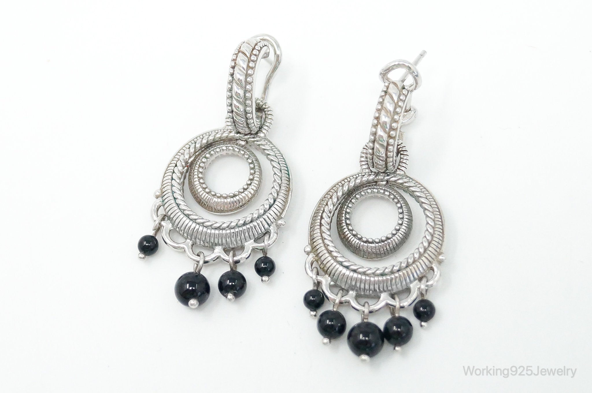 Designer Judith Ripka Black Onyx Cable Sterling Silver Earrings