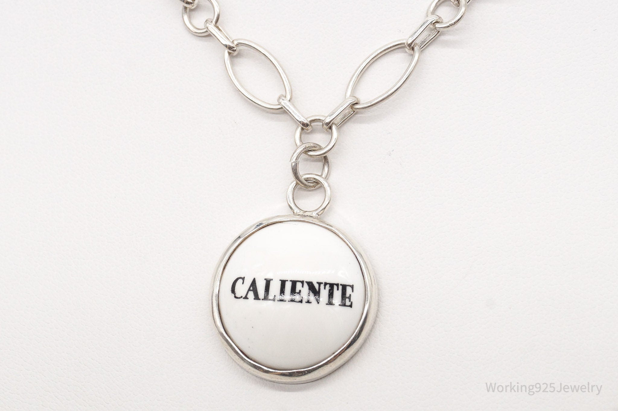 Vintage "Caliente" Porcelain Pendant Chainlink Sterling Silver Necklace