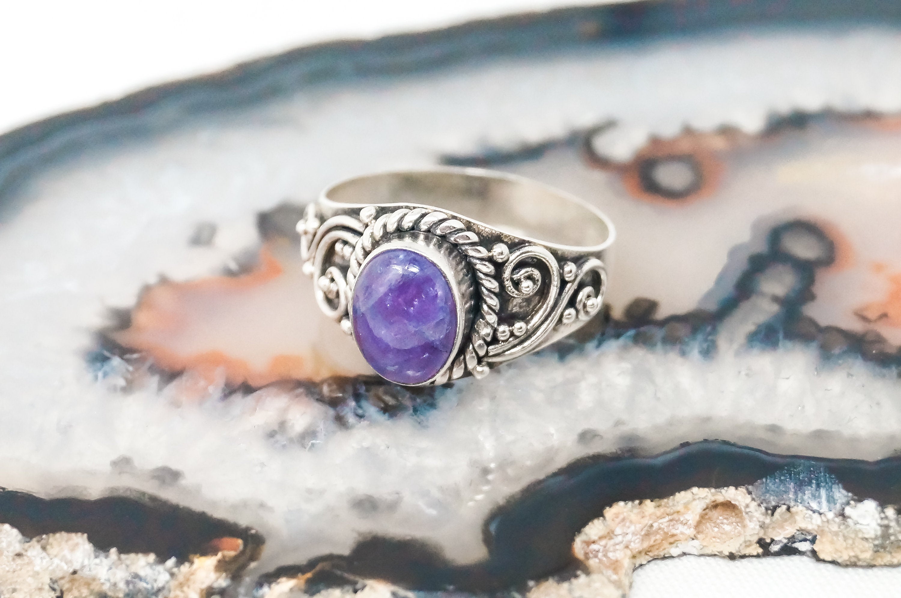 Vintage Amethyst Scroll Sterling Silver Ring - Sz 9 - 798926713