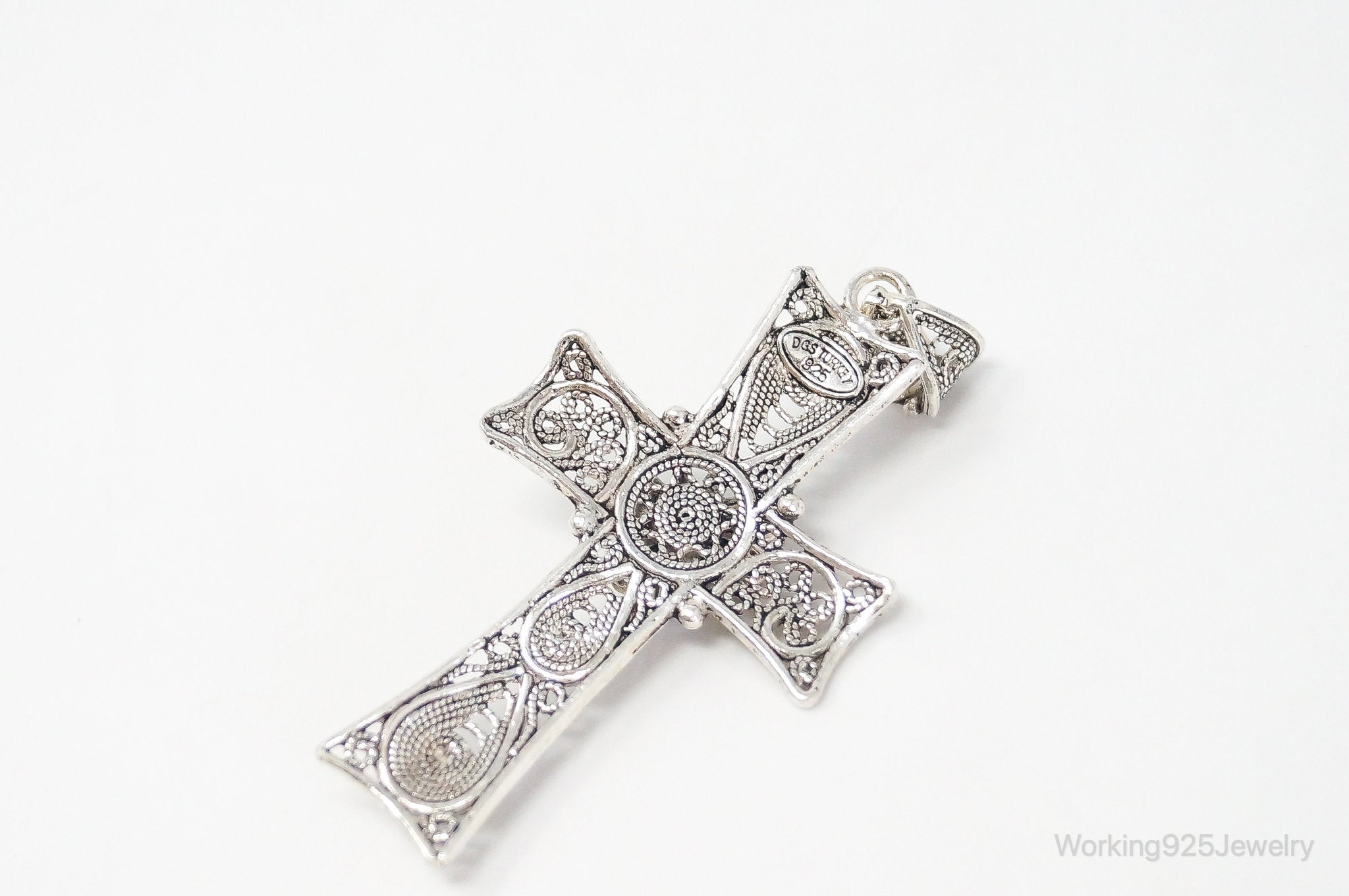 Large Designer DGS Intricate Filigree Cross Sterling Silver Pendant