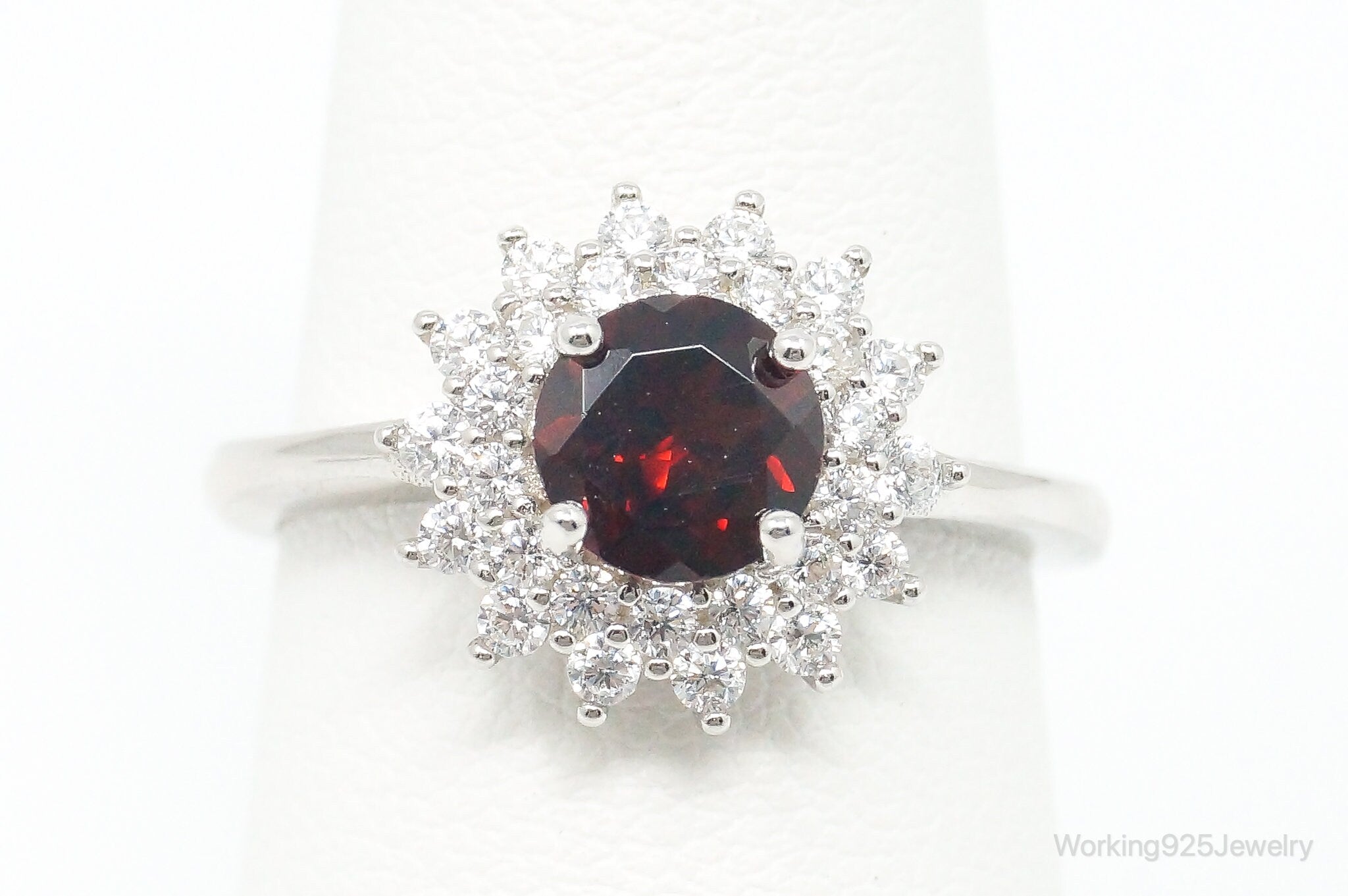 Vintage Garnet Cubic Zirconia Sterling Silver Ring - Size 6.75 Adjustable