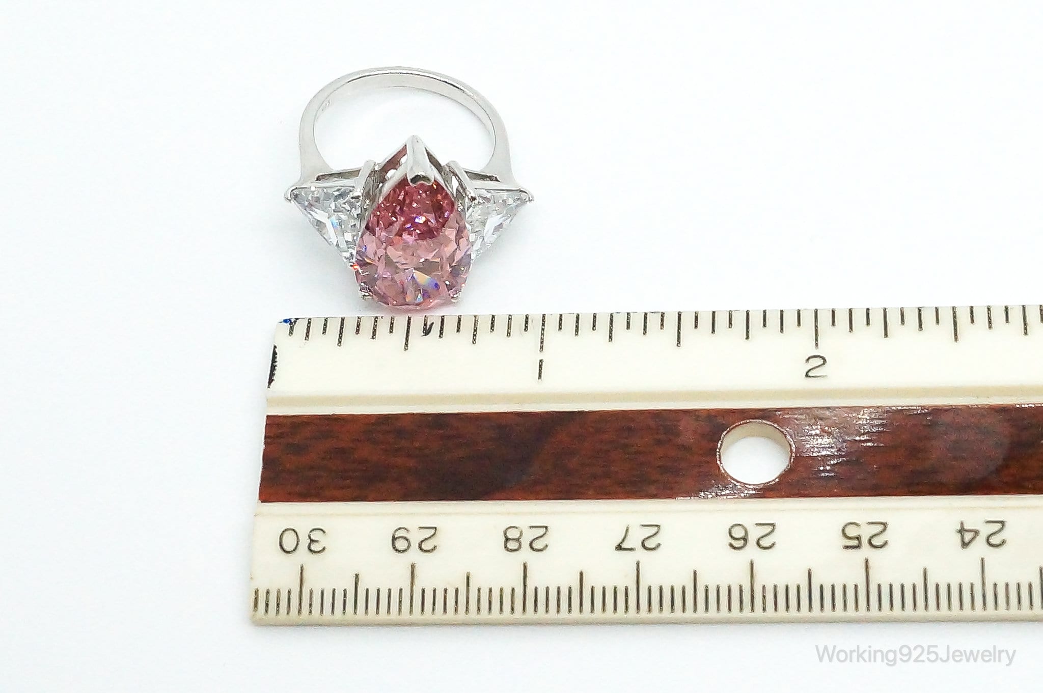 Large Pink Topaz & Cubic Zirconia Sterling Silver Ring - Size 7.25