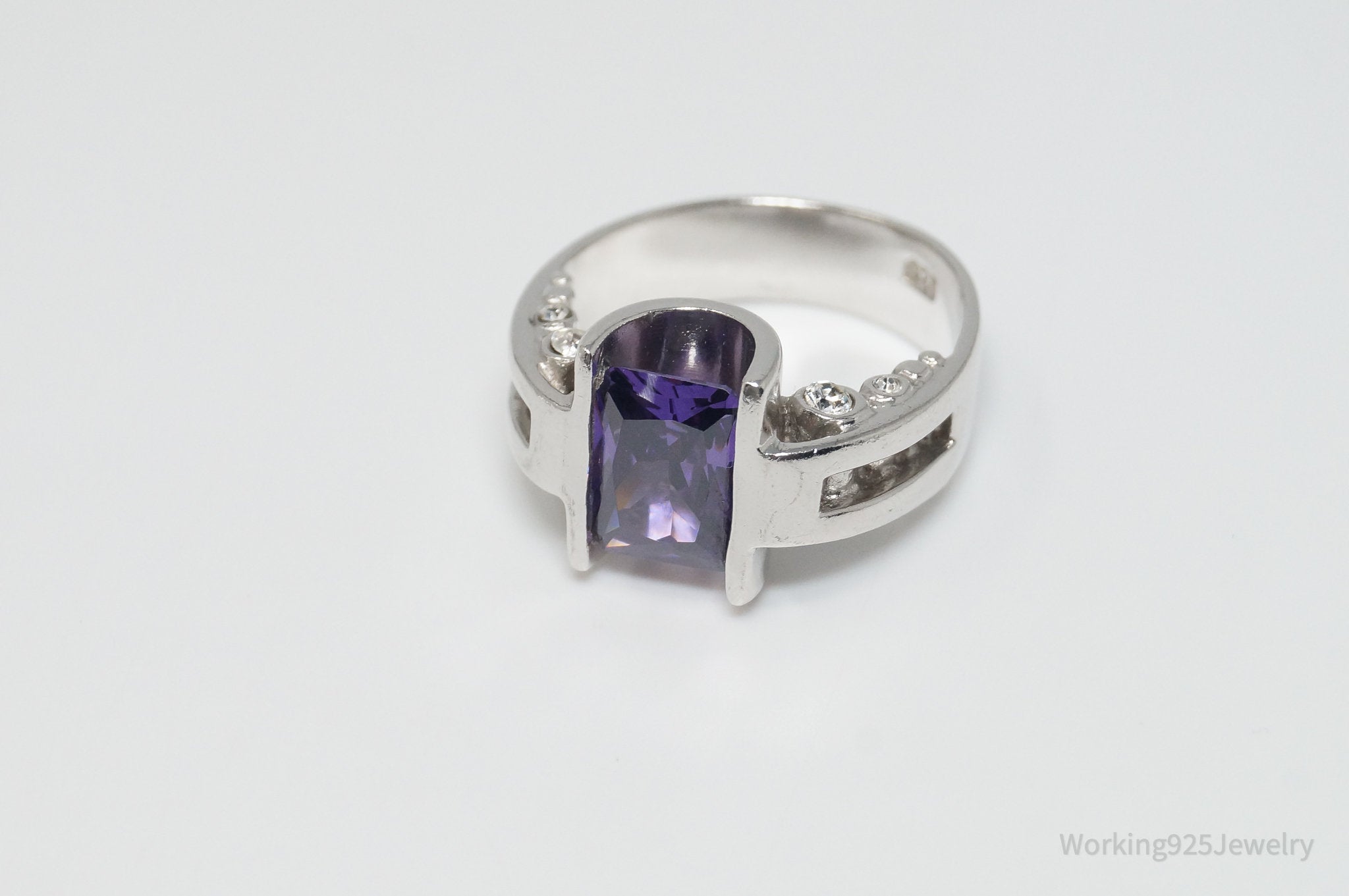 Vintage Art Deco Style Amethyst CZ Statement Ring Sterling Silver - Sz 9.25