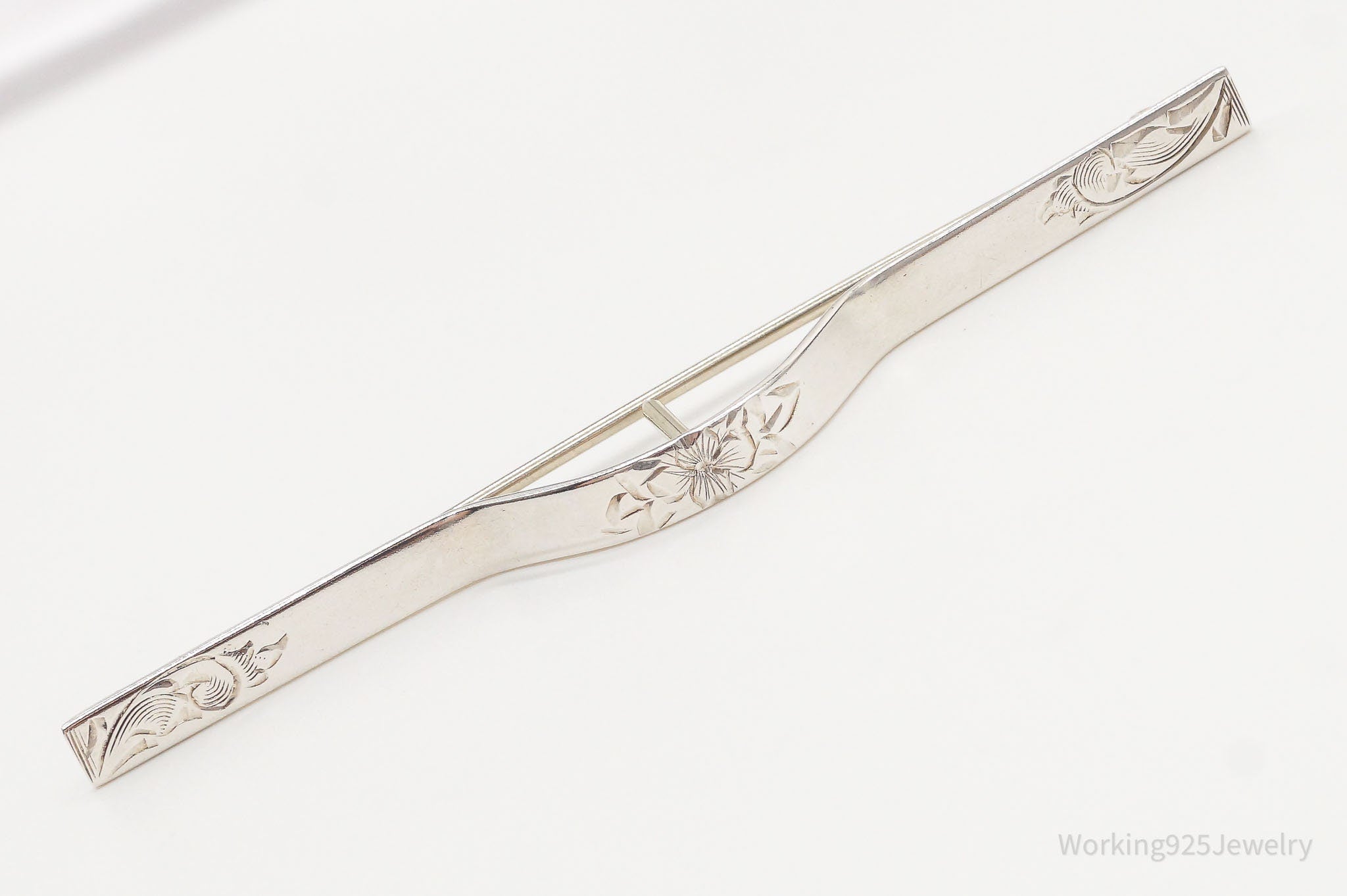 Antique Sterling Silver Floral Etched Scarf Pin