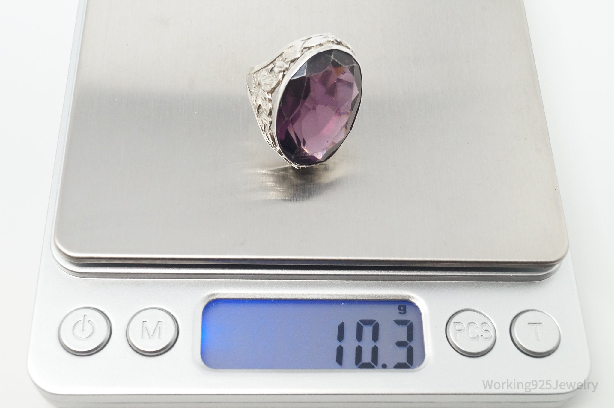 Antique Large Purple Glass Sterling Silver Ring - Size 6.5