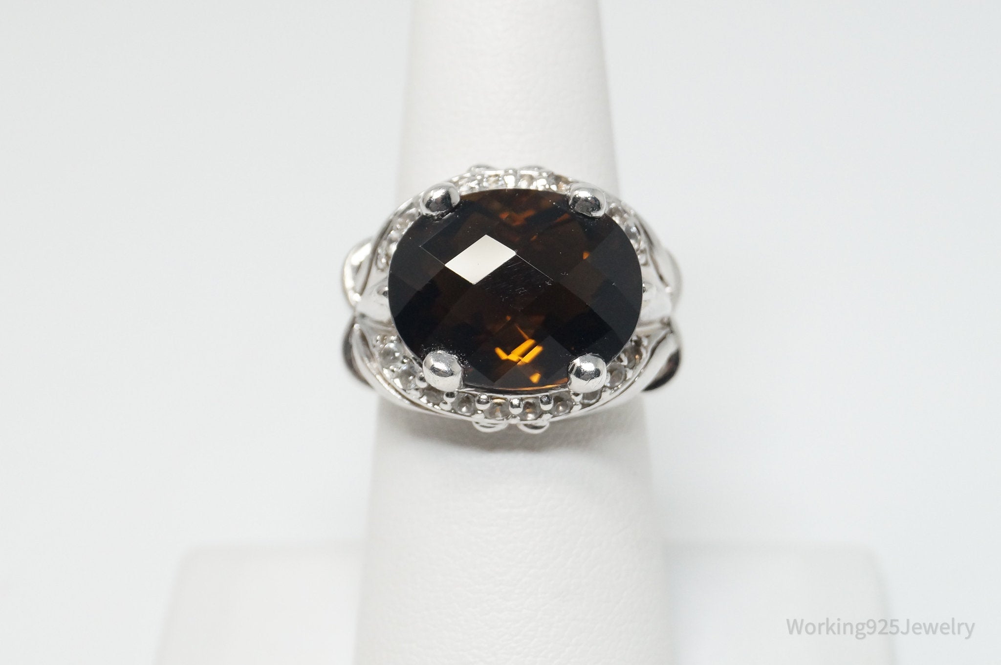 Vintage Designer Smoky Topaz CZ Sterling Silver Ring - Sz 6.75