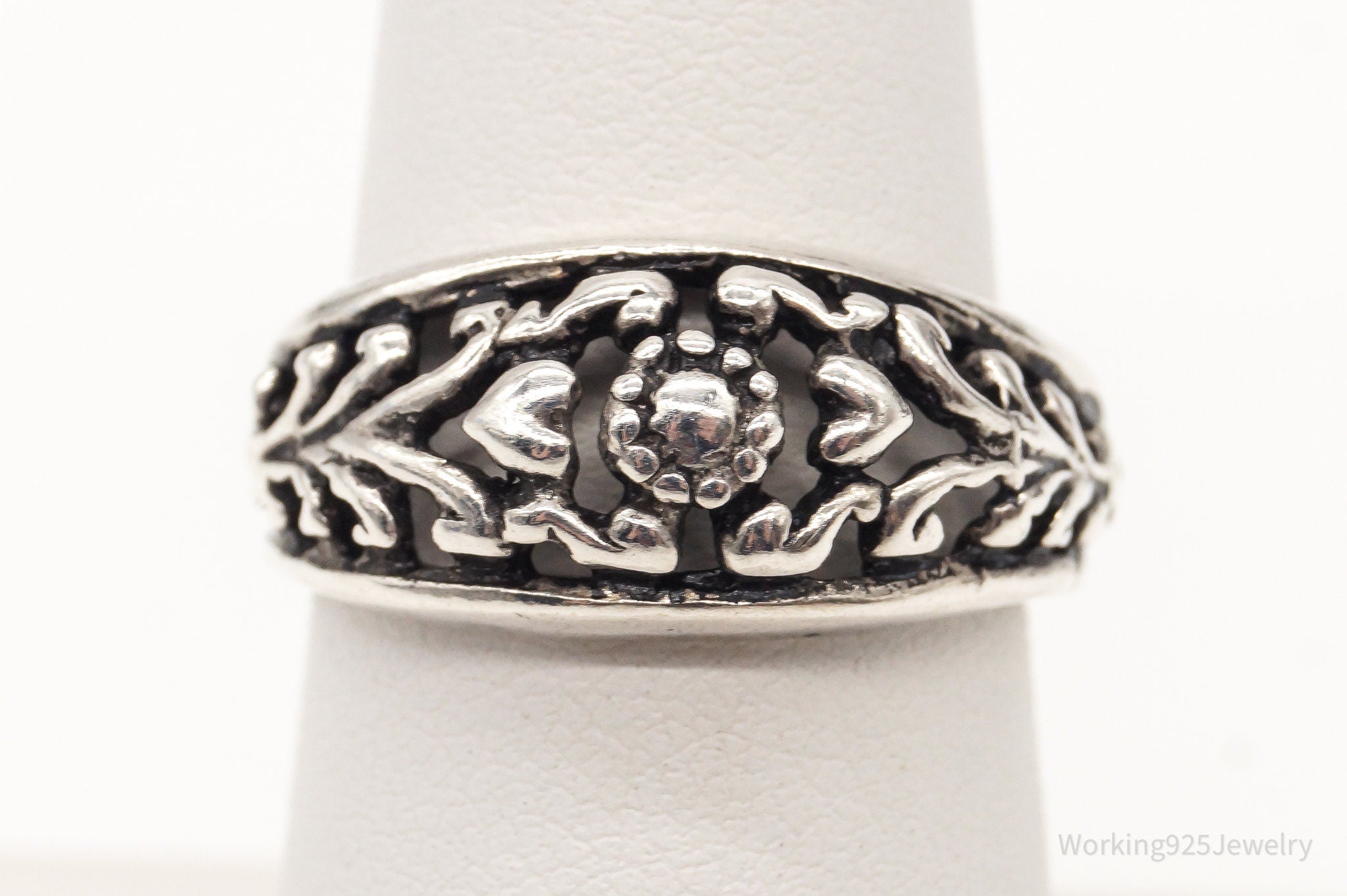 Vintage Hearts Filigree Bali Sterling Silver Band Ring - Size 6.75