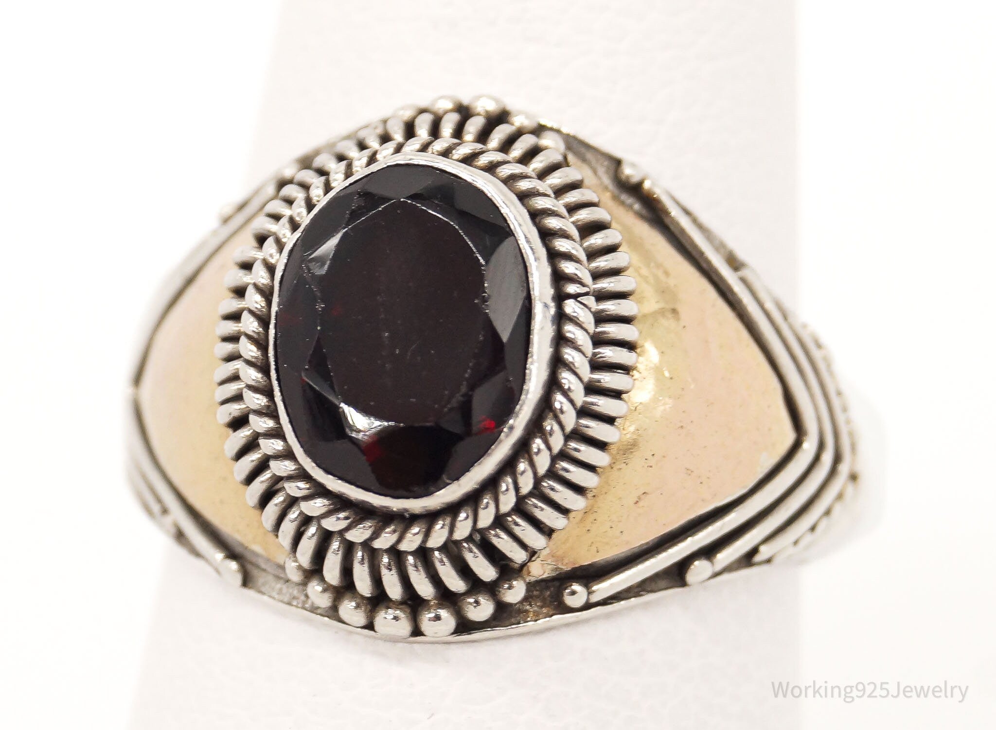 Vintage Garnet Brass Sterling Silver Ring Size 6.75